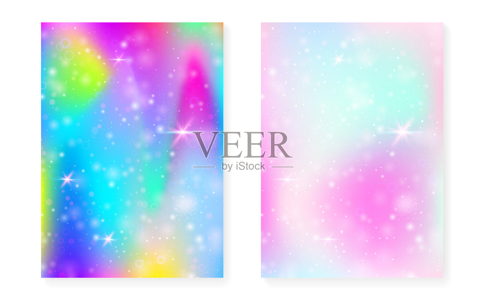 彩虹背景与可爱的公主渐变。魔法独角兽全息图。插画图片素材