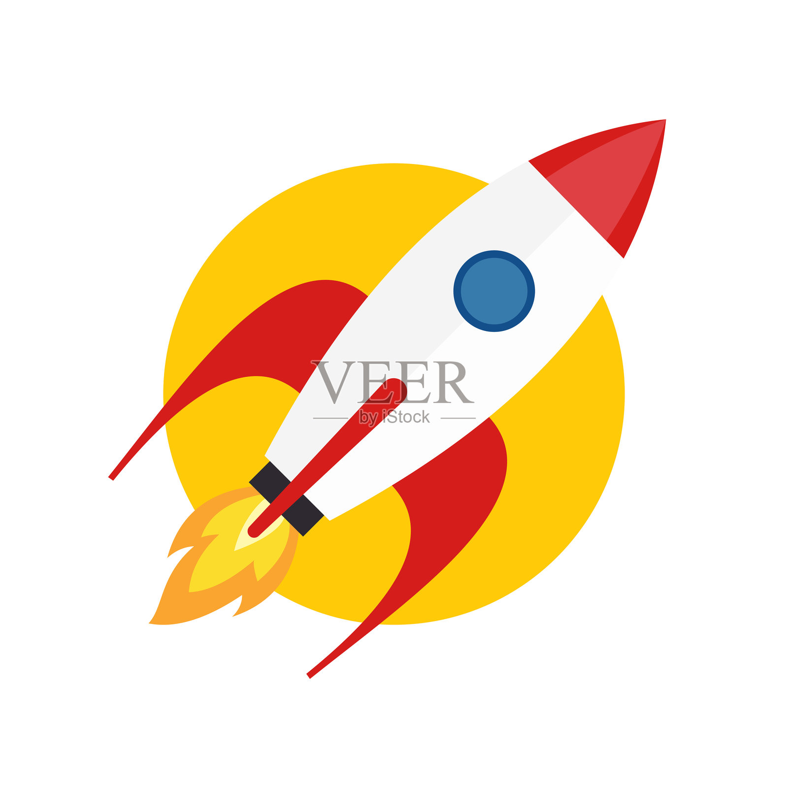 复古火箭船插图，黄色圆形背景插画图片素材