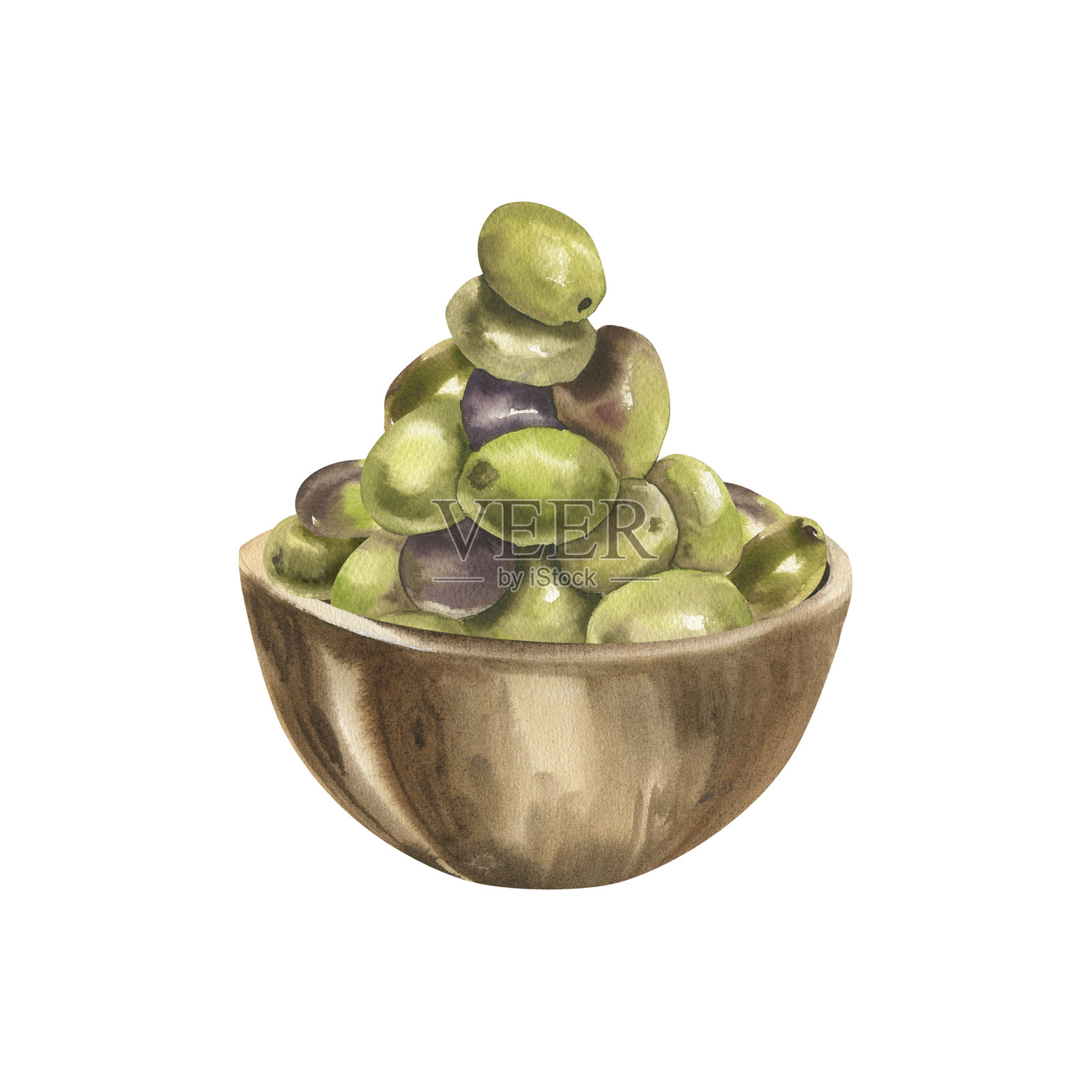 木盘中的绿色橄榄束水彩插图。手绘的素食食品剪贴画，适合包装、标签和意大利餐厅设计的有机产品和沙拉配料绘画。插画图片素材