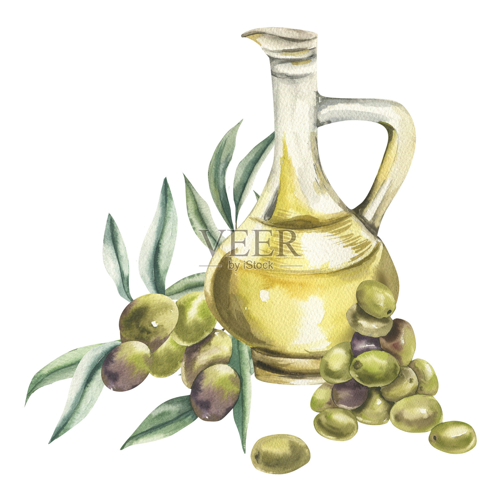橄榄油玻璃壶与成熟的绿色水果串的水彩构图。地中海有机健康食品，素食天然产品剪贴画，适用于意大利菜菜单、餐厅和标签设计。插画图片素材