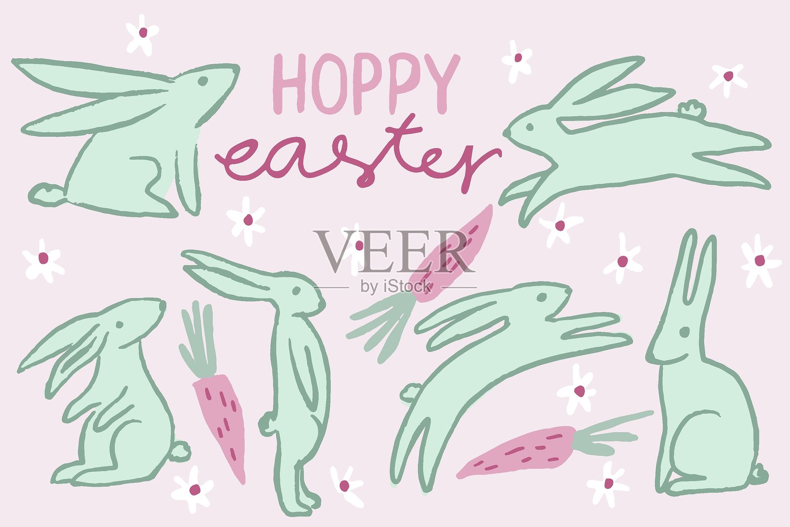 快乐的复活节贺卡，配有兔子和胡萝卜，采用绿色和粉色调。插画图片素材