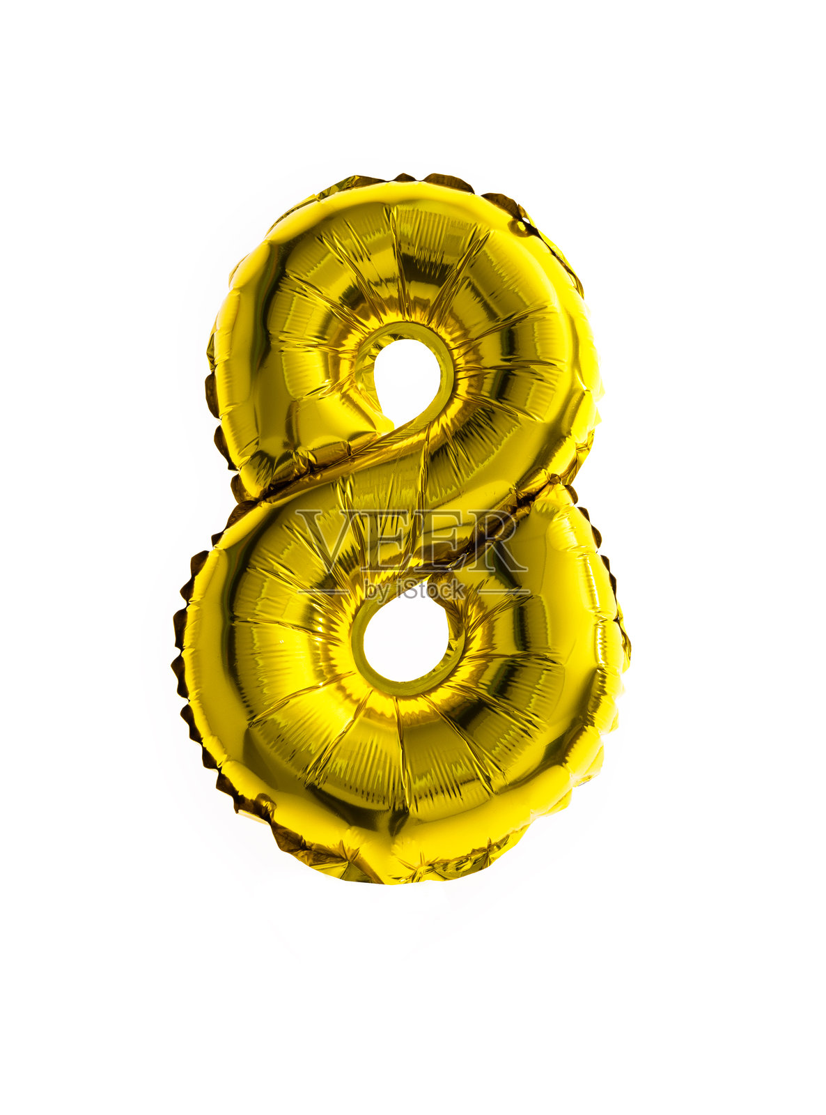 金色的氦气气球数字八，独立于白色背景，适合您的设计装饰、派对和生日庆祝。照片摄影图片