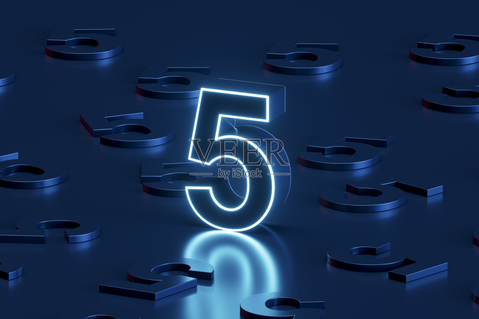 黑色背景上的发光霓虹灯数字5照片摄影图片
