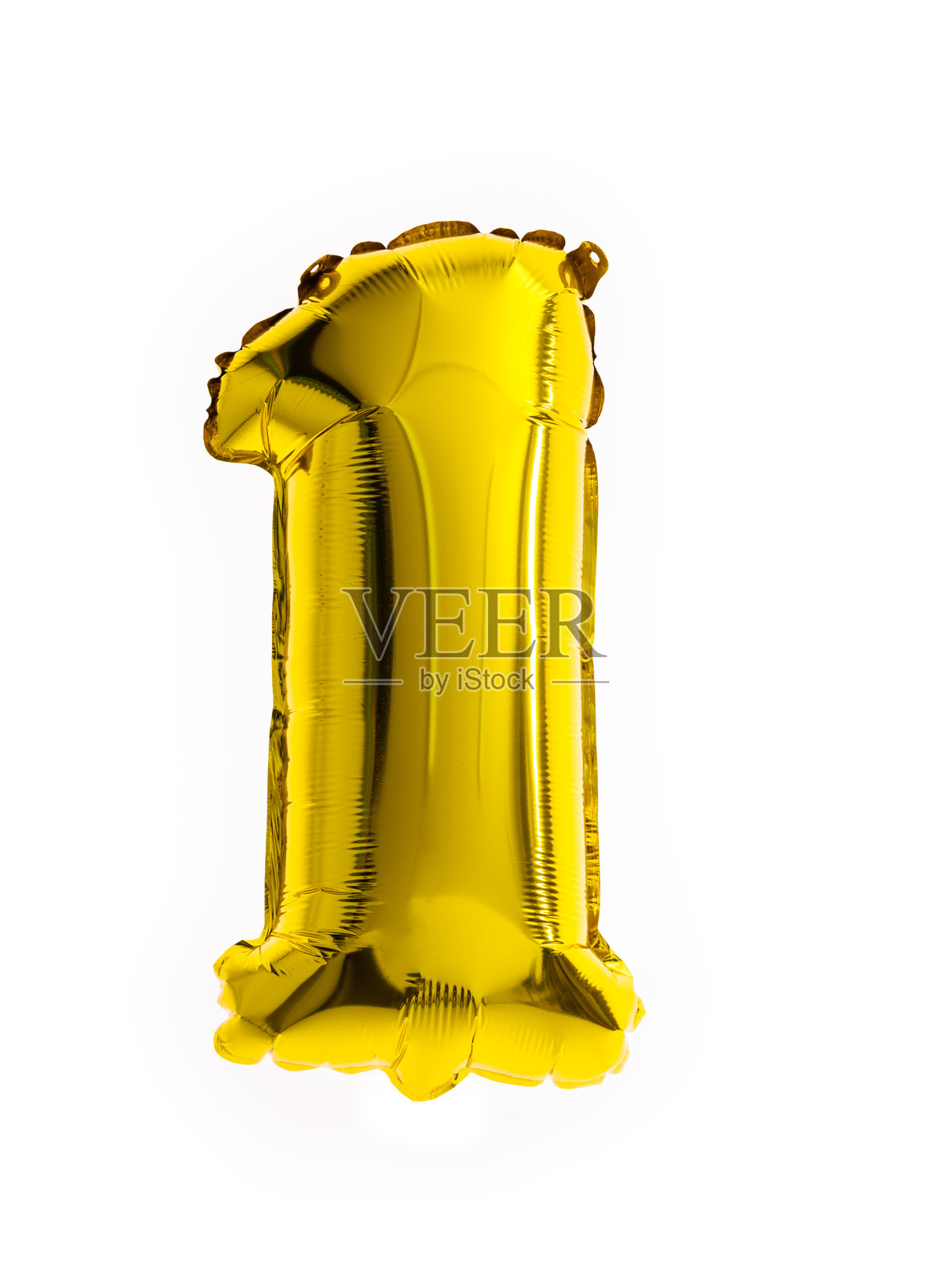 金色氦气球数字一，独立于白色背景，适合您的设计装饰、派对和生日庆祝。照片摄影图片