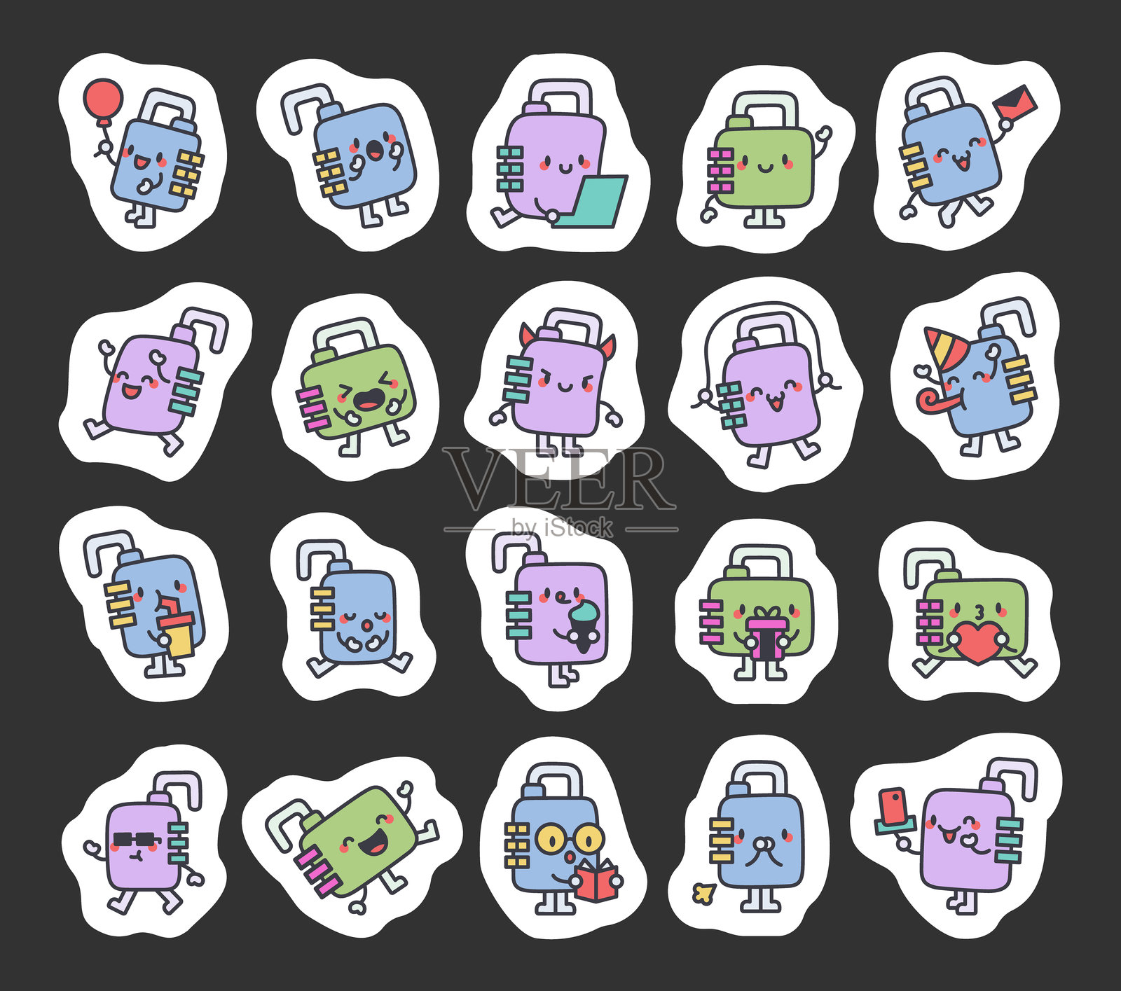 可爱的卡哇伊组合锁角色，展现快乐的卡通情感，适合趣味、欢乐、娱乐、表情、生活方式、活动、创造力、玩耍、愉快、友好和微笑的心情。插画图片素材