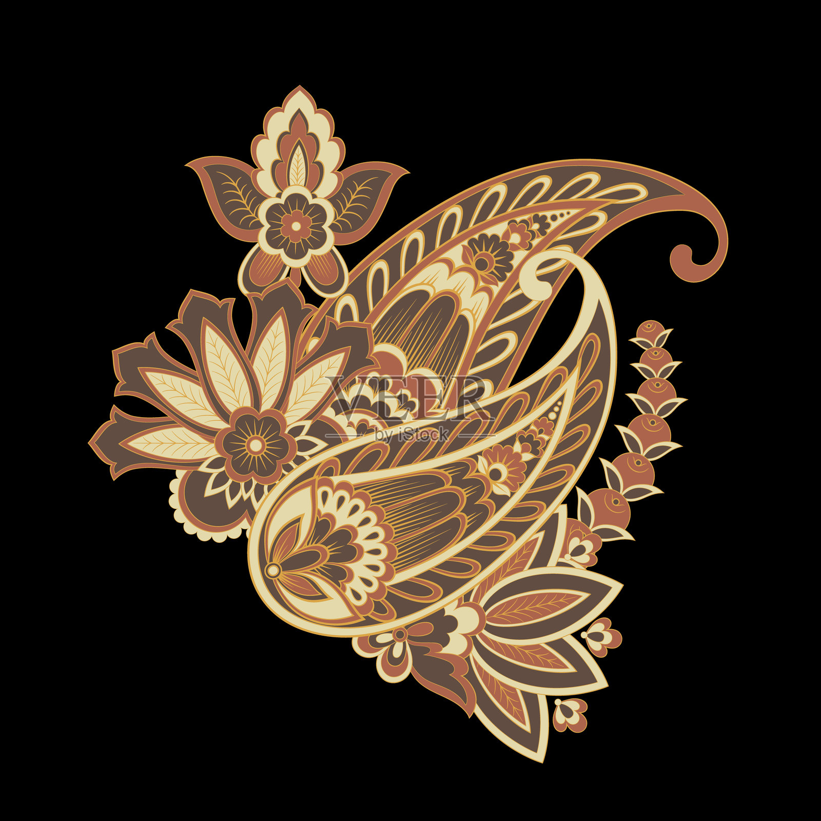 佩斯利矢量孤立图案。达玛斯克风格复古插图插画图片素材