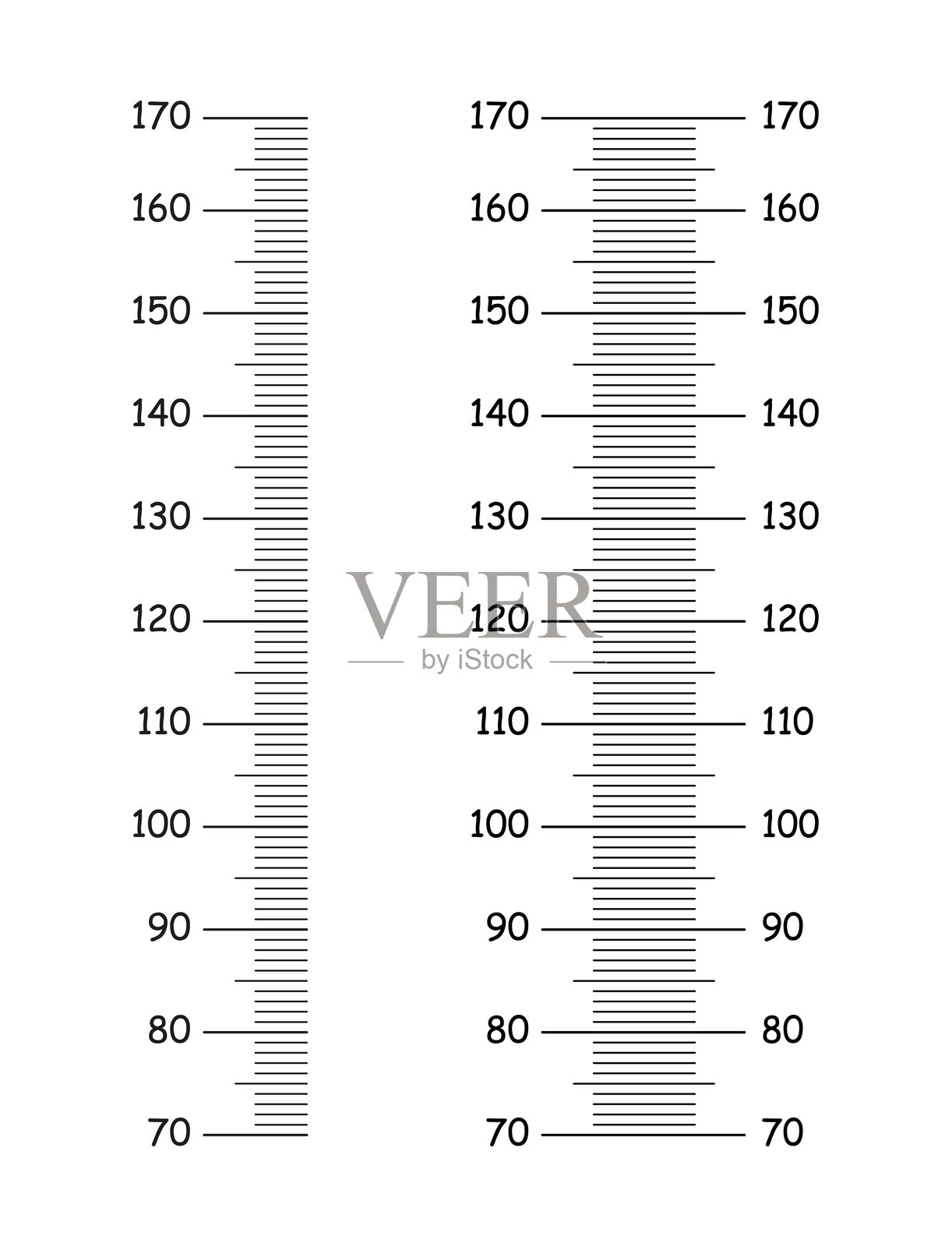 身高图表，从70厘米到170厘米。墙面生长贴纸的模型集。米尺墙或生长尺模板。黑色图形插图。插画图片素材