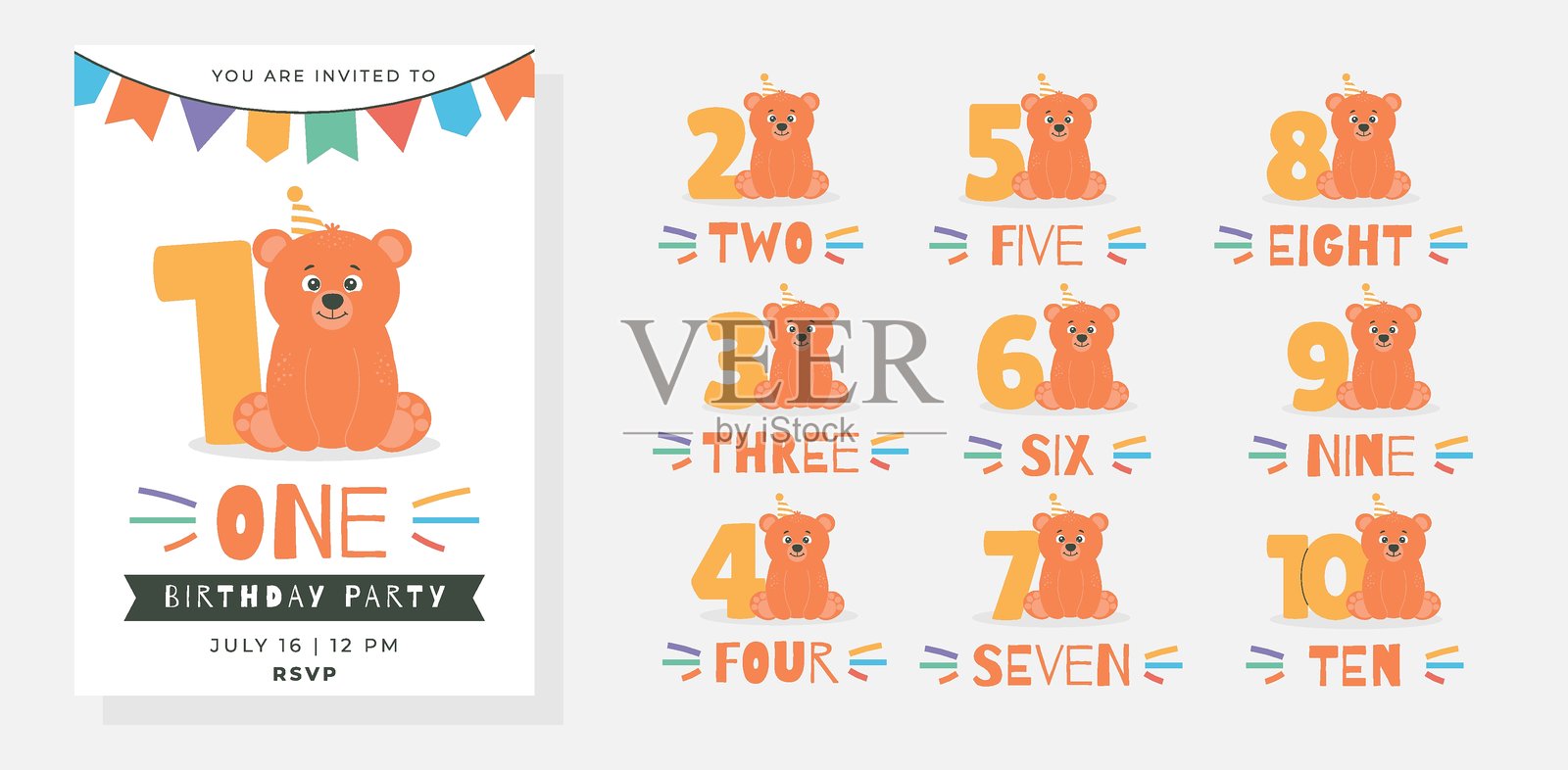 儿童生日派对的问候和邀请卡。可爱的宝宝熊和数字以平面儿童风格呈现。矢量插图，适用于卡片、海报、横幅设计。插画图片素材