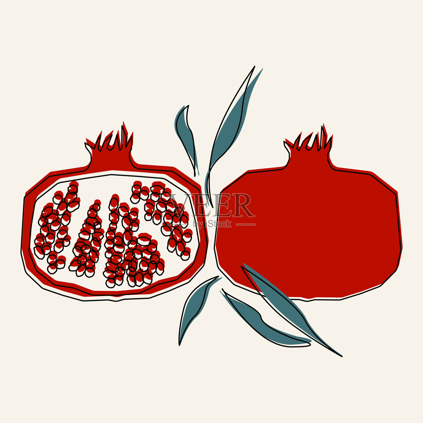 插图中有切开的和完整的石榴，叶子。矢量明信片、印刷品、设计元素插画图片素材