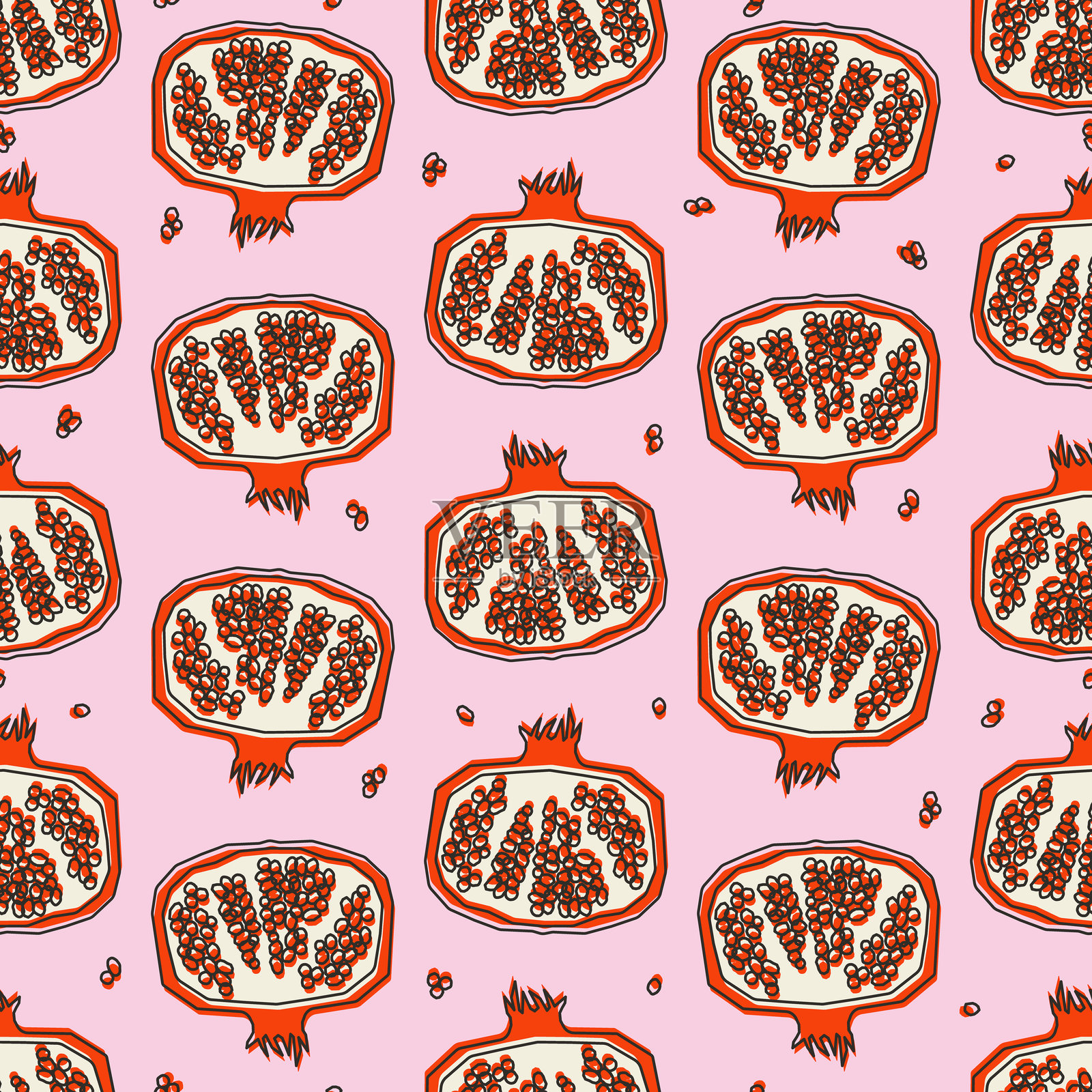 无缝石榴切面与籽的图案。矢量背景，印刷，设计元素插画图片素材