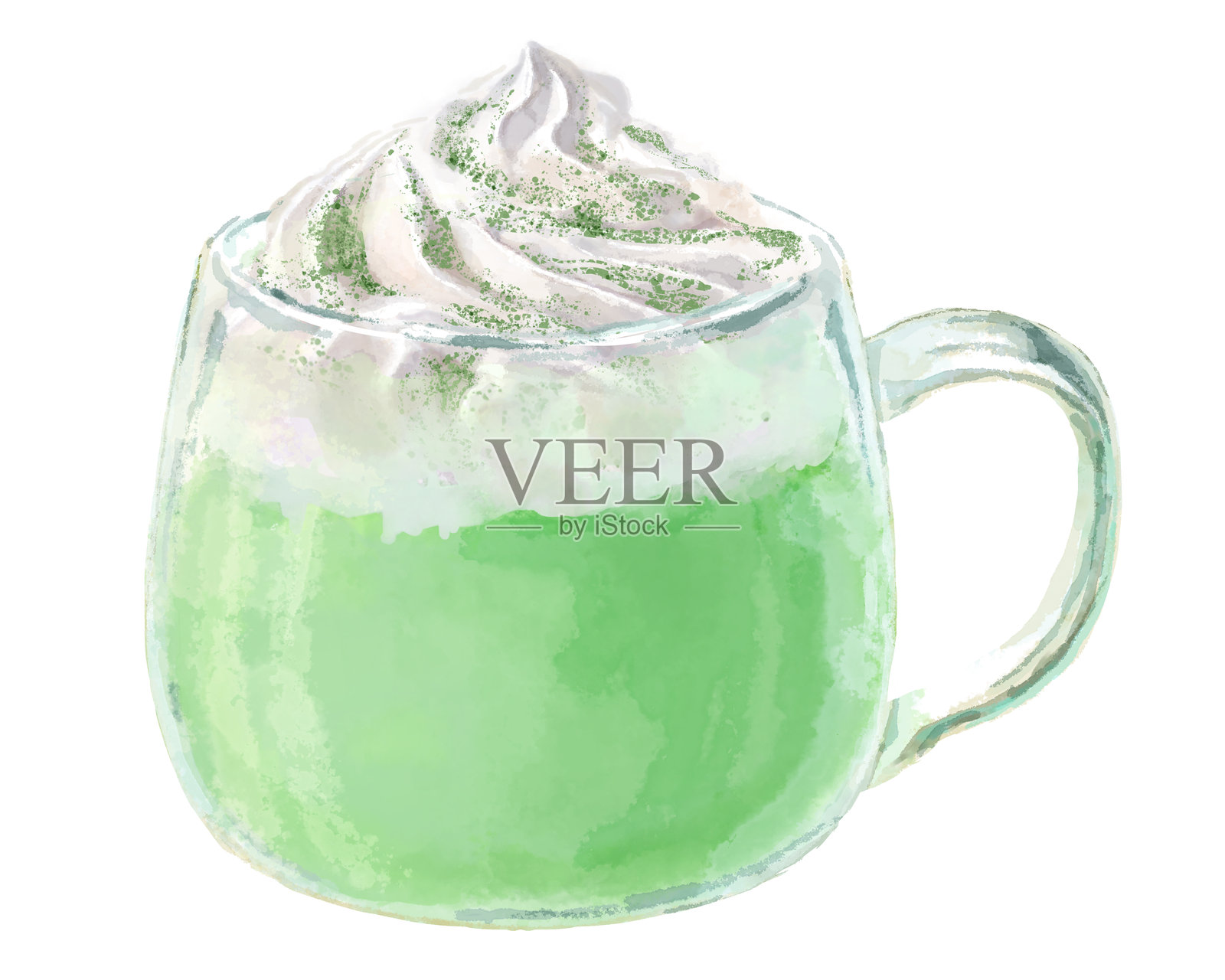 水彩插图：一杯热抹茶拿铁，装在玻璃杯中，上面点缀着鲜奶油。插画图片素材
