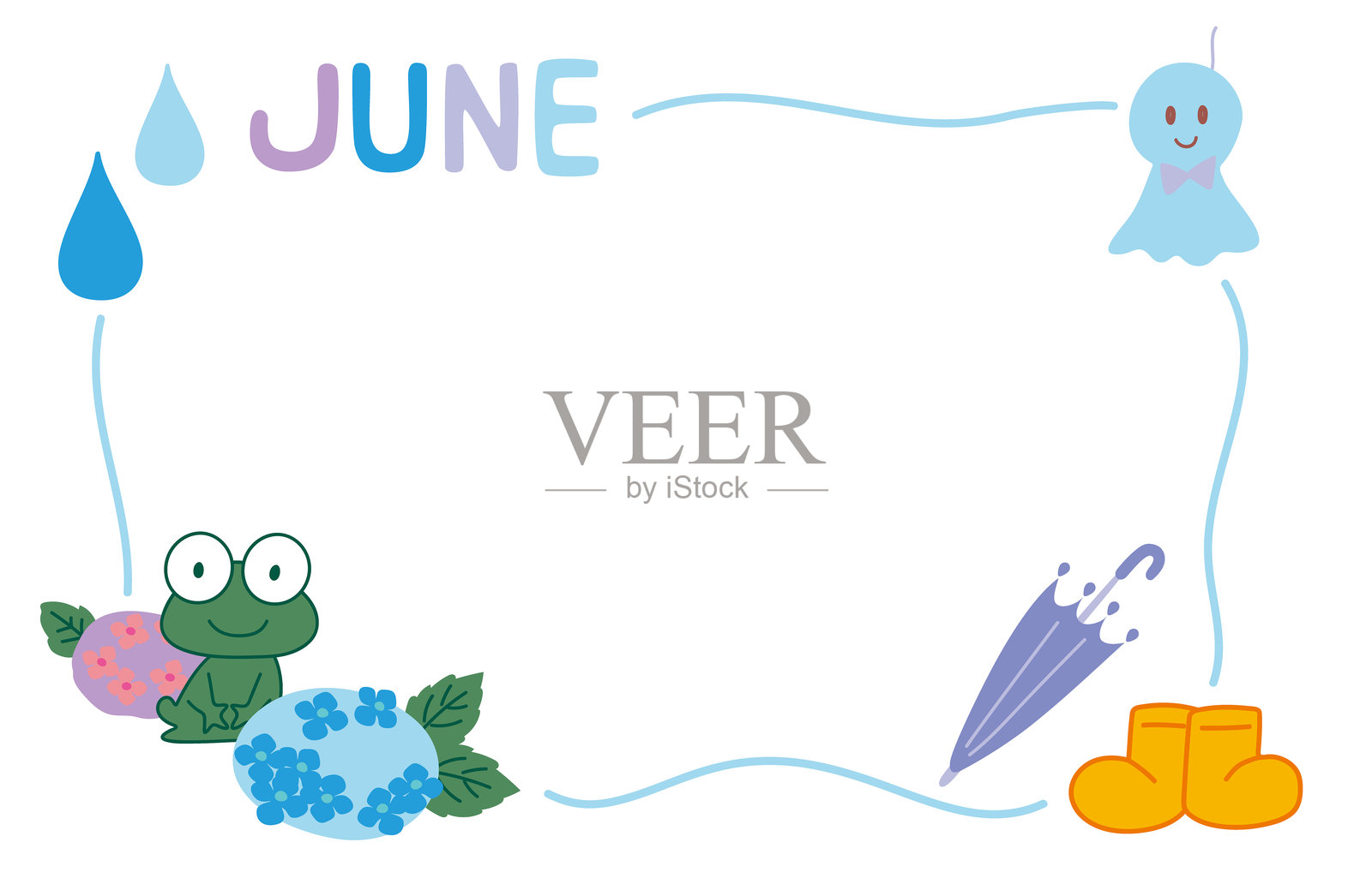 六月插图框架：青蛙与绣球花，彩色插画图片素材