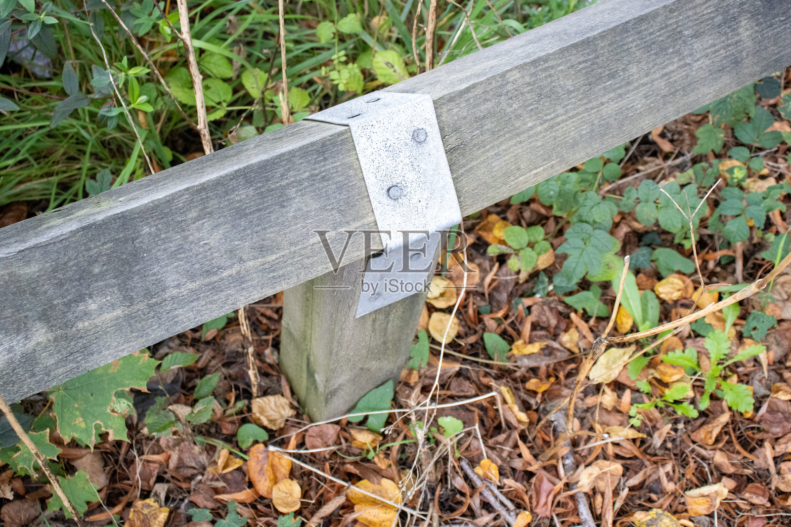 低矮的木栅栏，周围是秋天的落叶和杂草照片摄影图片