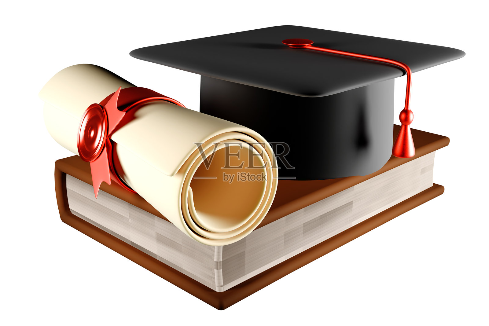 孤立背景上的毕业帽和文凭放在书上。3D渲染。照片摄影图片