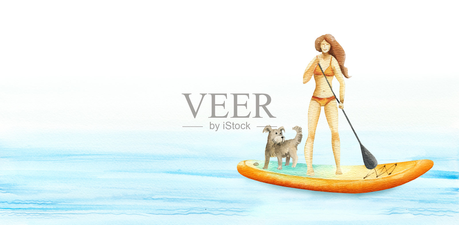 年轻女孩和狗在SUP板上游泳的水彩插图。立式划水者在夏季假期的海水中漂浮。现代户外运动活动的简单素描风格剪贴画。插画图片素材