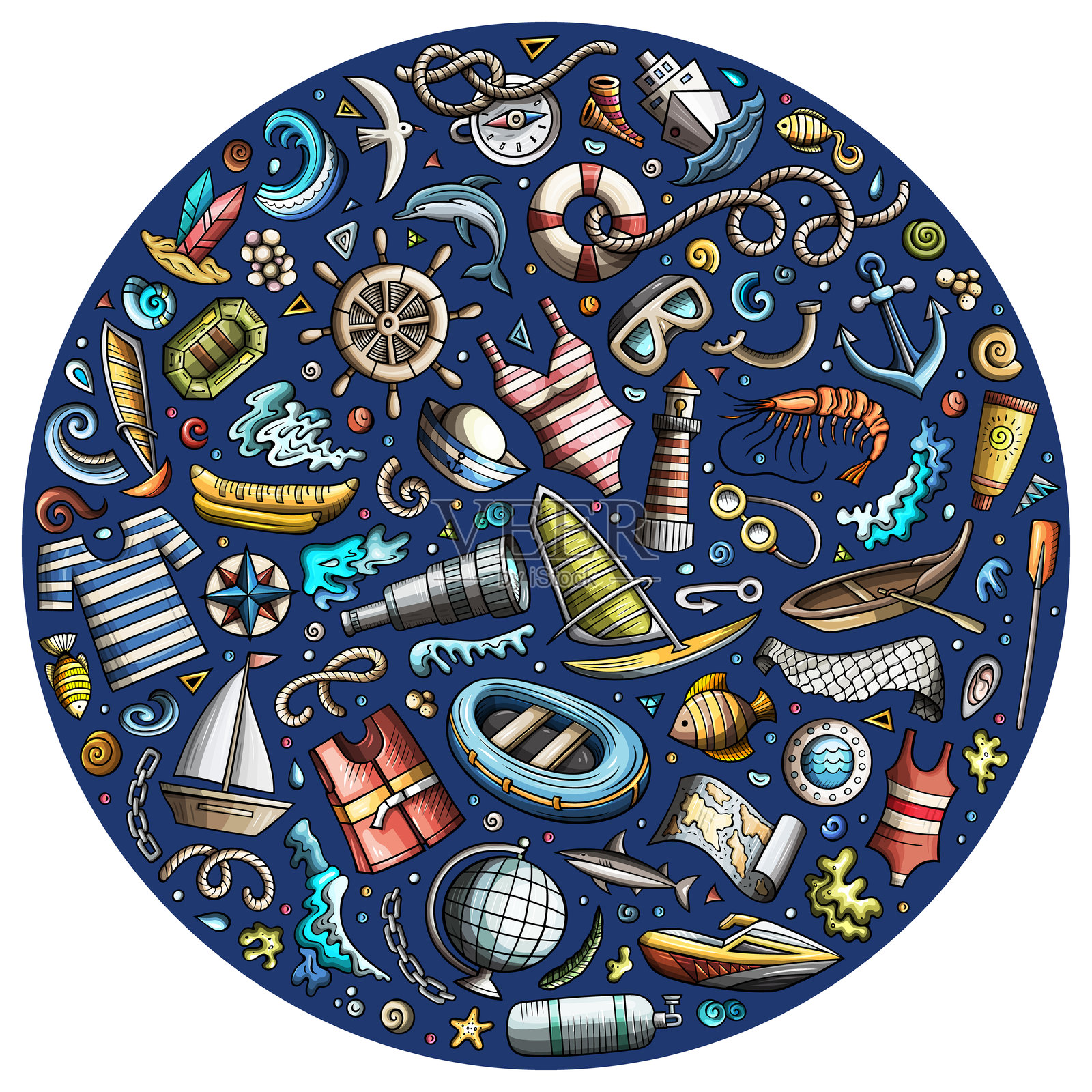 一组海洋卡通涂鸦物品.圆形构图插画图片素材
