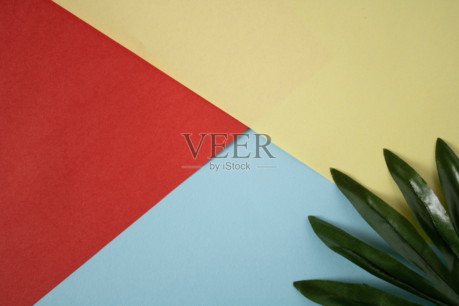 红色、蓝色和黄色的桌布，上面有绿色的花叶，准备好迎接生日派对。照片摄影图片