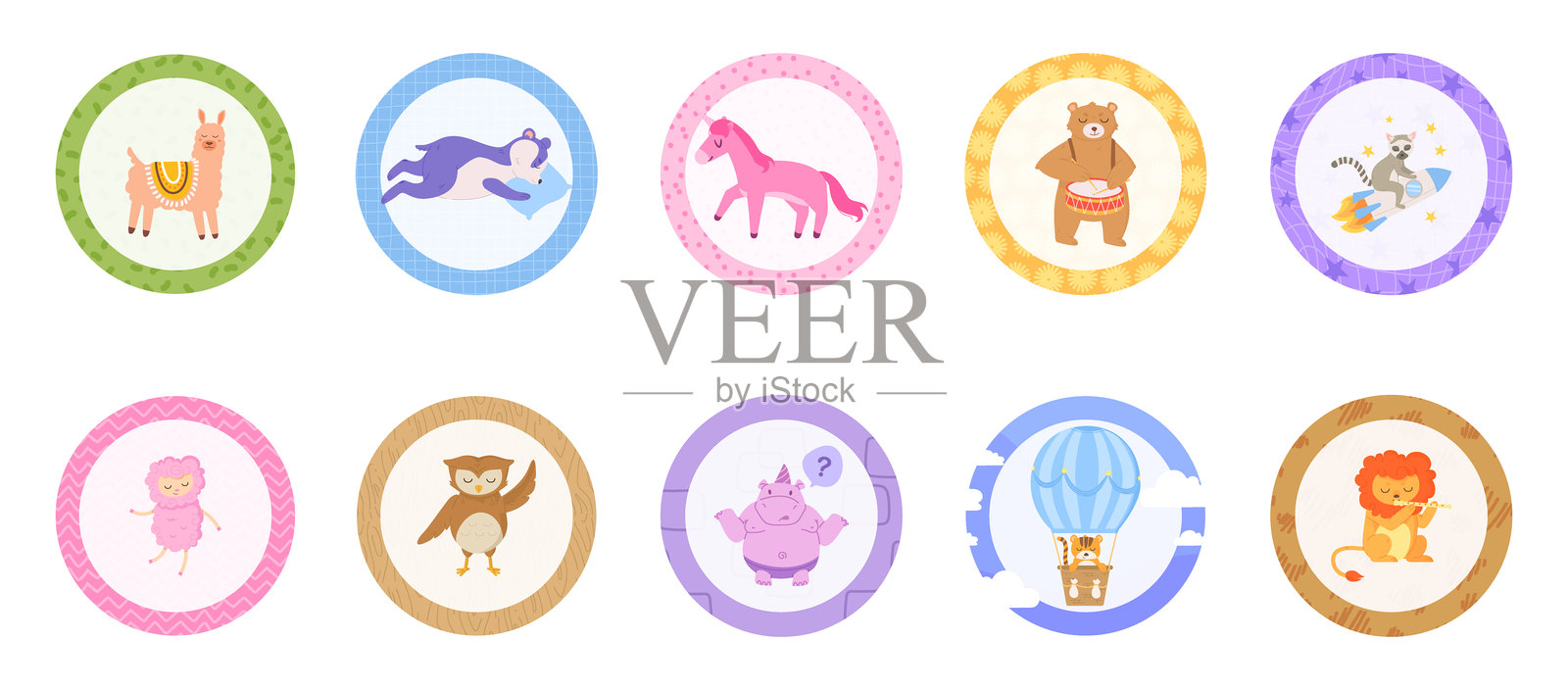 可爱动物亮点封面套装，卡通矢量图标，社交媒体故事亮点插画图片素材