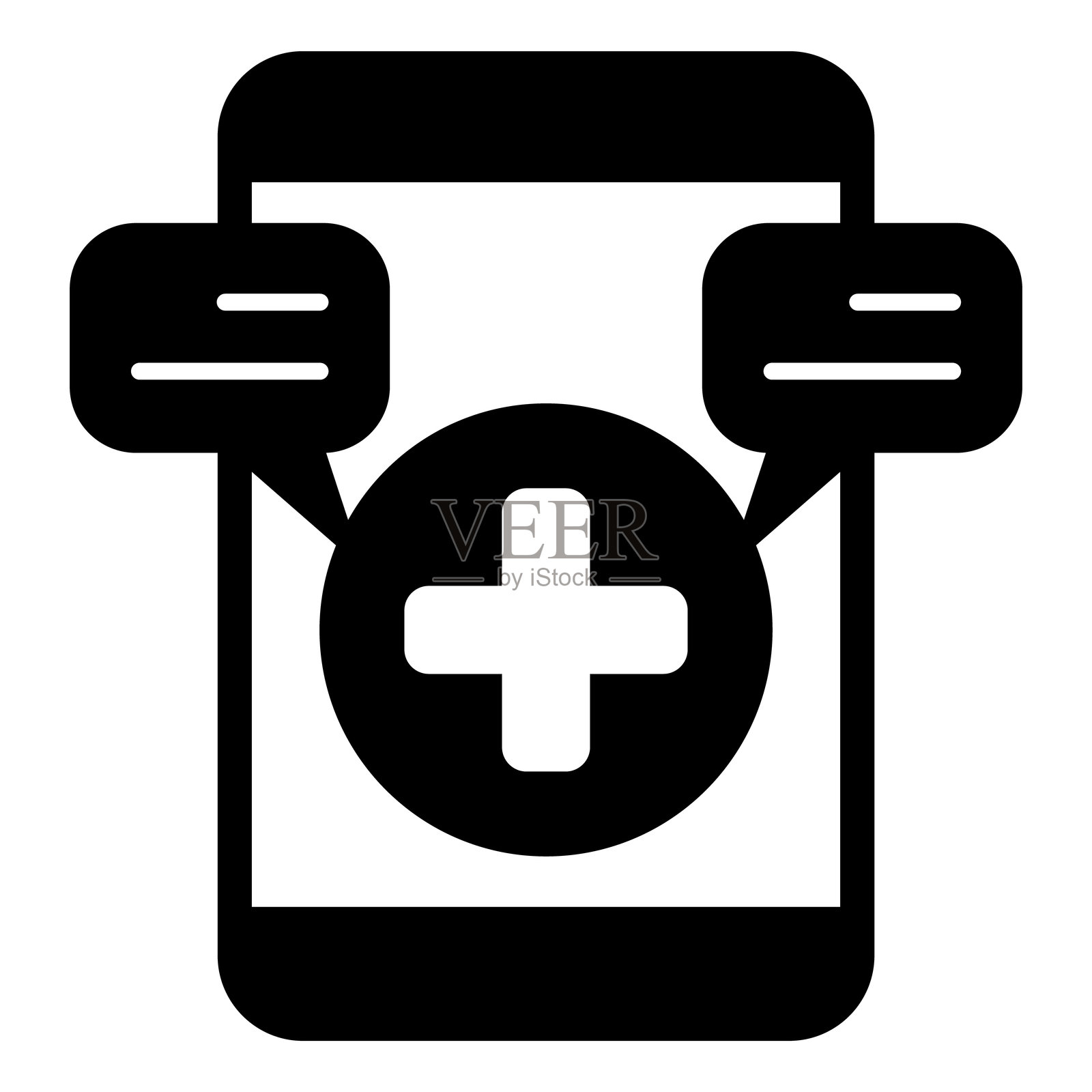 带有医疗信息的智能手机实心图标，紧急服务概念。矢量图形。白色背景上的警告信息和加号十字标志，适用于移动或设计风格。插画图片素材