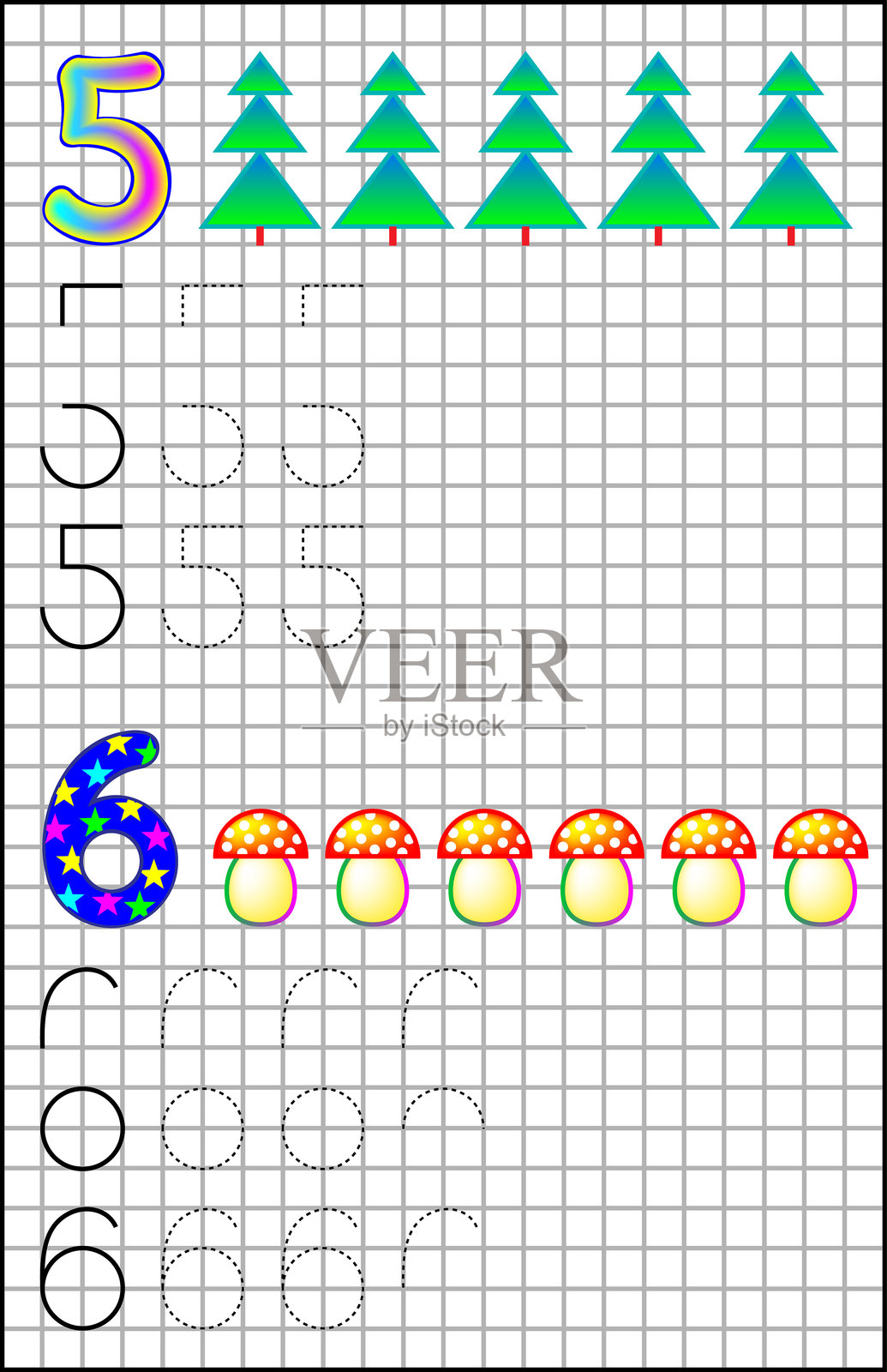 儿童教育页面，方形纸张上有数字5和6。培养计数和描摹技能。矢量插图。插画图片素材