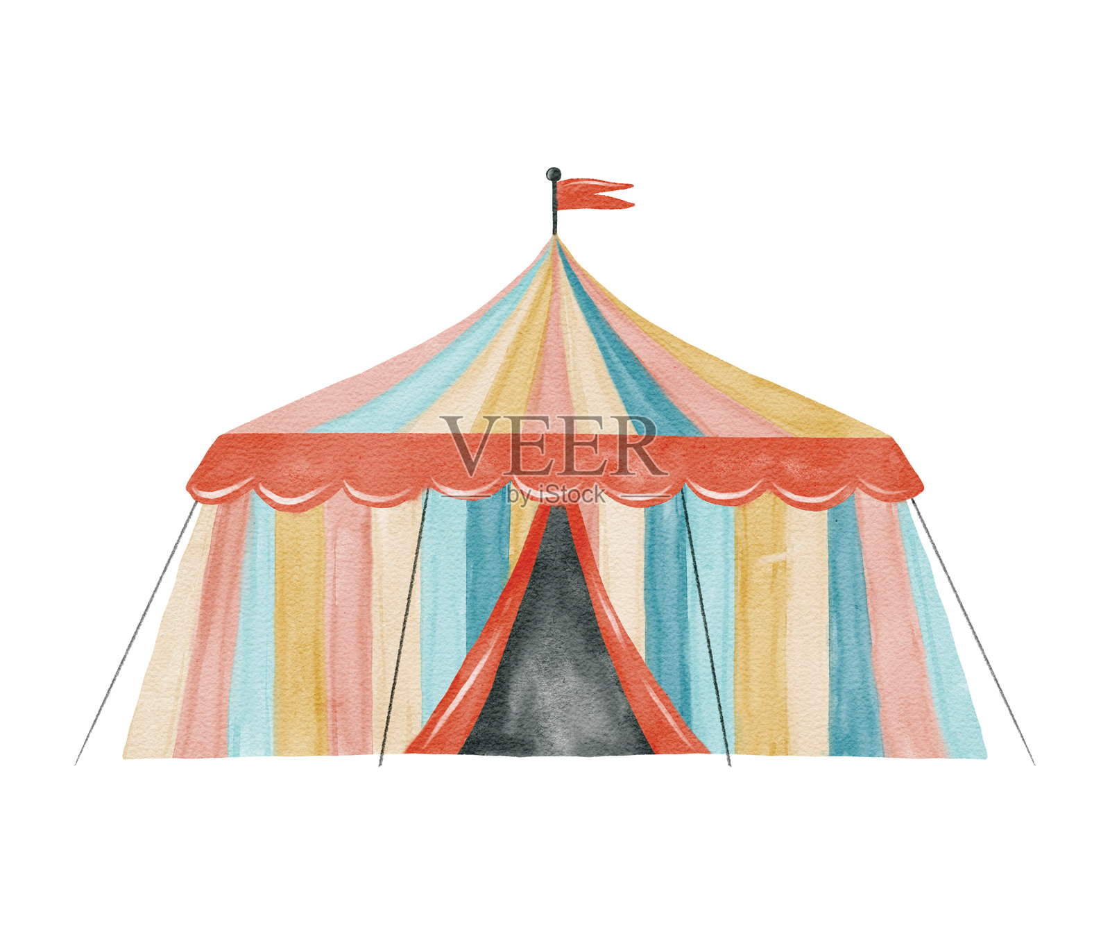 色彩斑斓的马戏团帐篷，顶部有鲜艳的条纹和明亮的旗帜插画图片素材