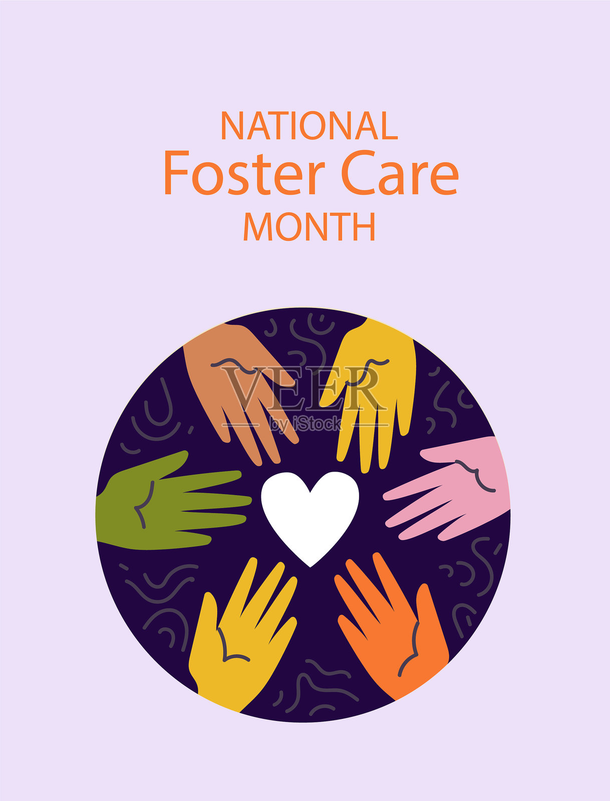 国家寄养关怀月横幅，展示多样化的手围绕着心形图案，表达支持。社交项目广告，适用于网页设计。插画图片素材
