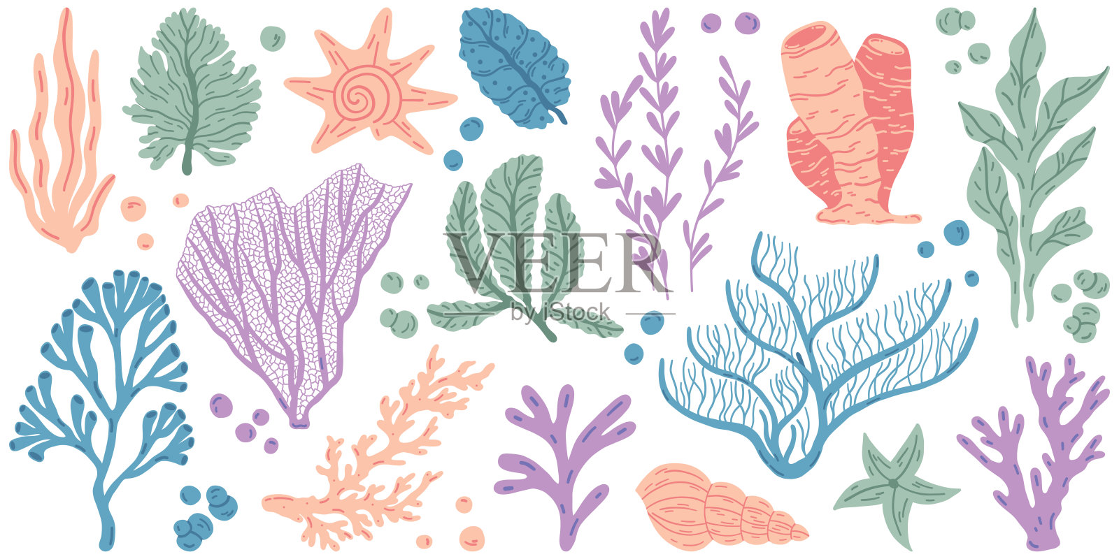 扁平轮廓的海藻和珊瑚。抽象有机形状，水下植物，马蒂斯元素，可爱的海洋绘画。卡通海洋花卉套装。时尚简约的矢量套装。插画图片素材