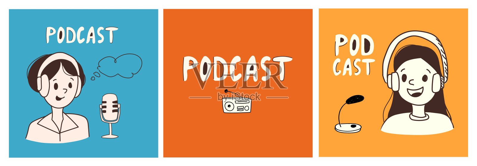 心理主题播客模板套件。包含戴着耳机的卡通角色，正在用手绘麦克风讲话。插画图片素材