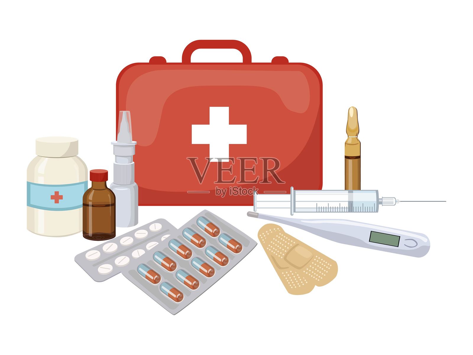 一个急救包，里面装有各种不同形式的药物 - 药板、安瓿。医疗药丸或药物，药房和药店产品。矢量插图插画图片素材