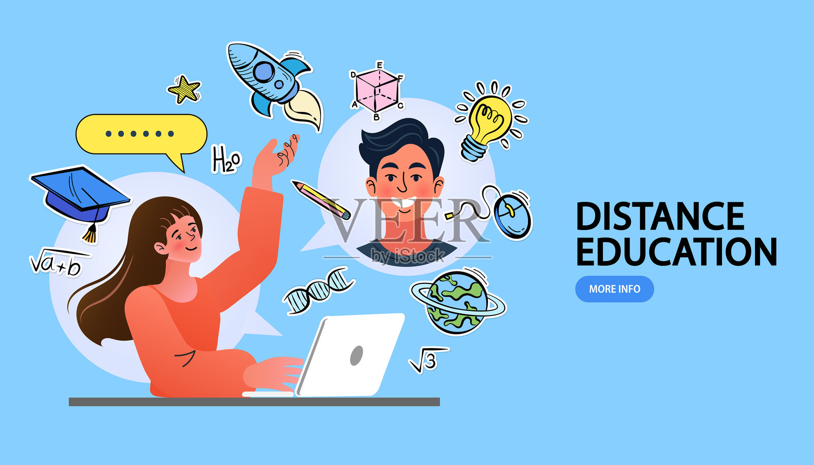 在线教育概念。欢迎回到学校。扁平设计图案与儿童。插画图片素材