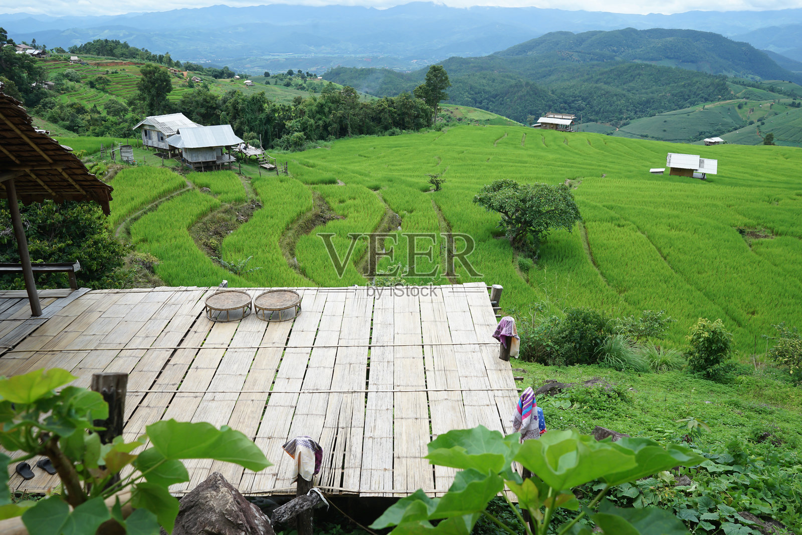 稻田梯田和春溪自然风光中的木质建筑照片摄影图片