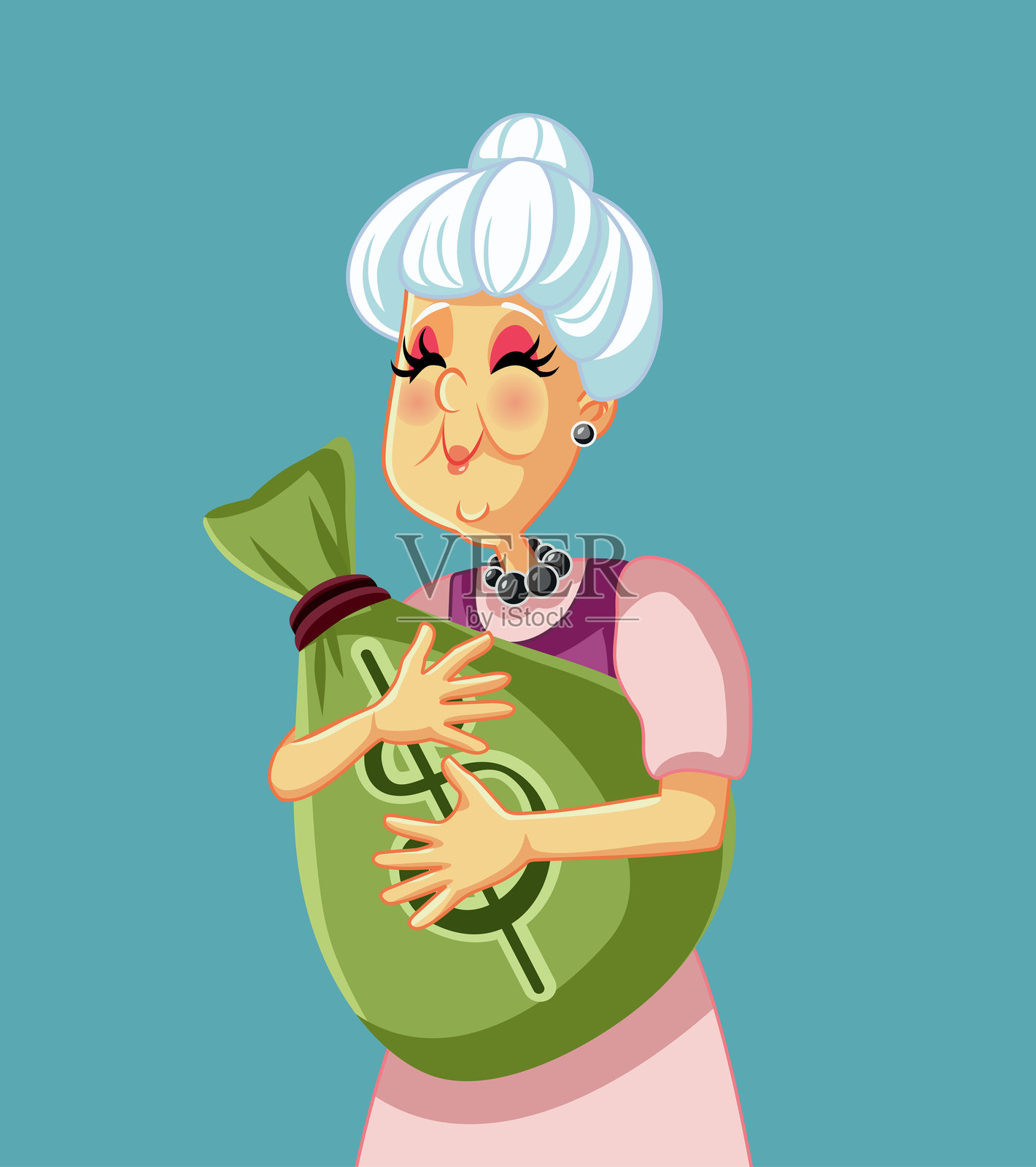 紧握一袋钱的老年女性矢量角色插画图片素材