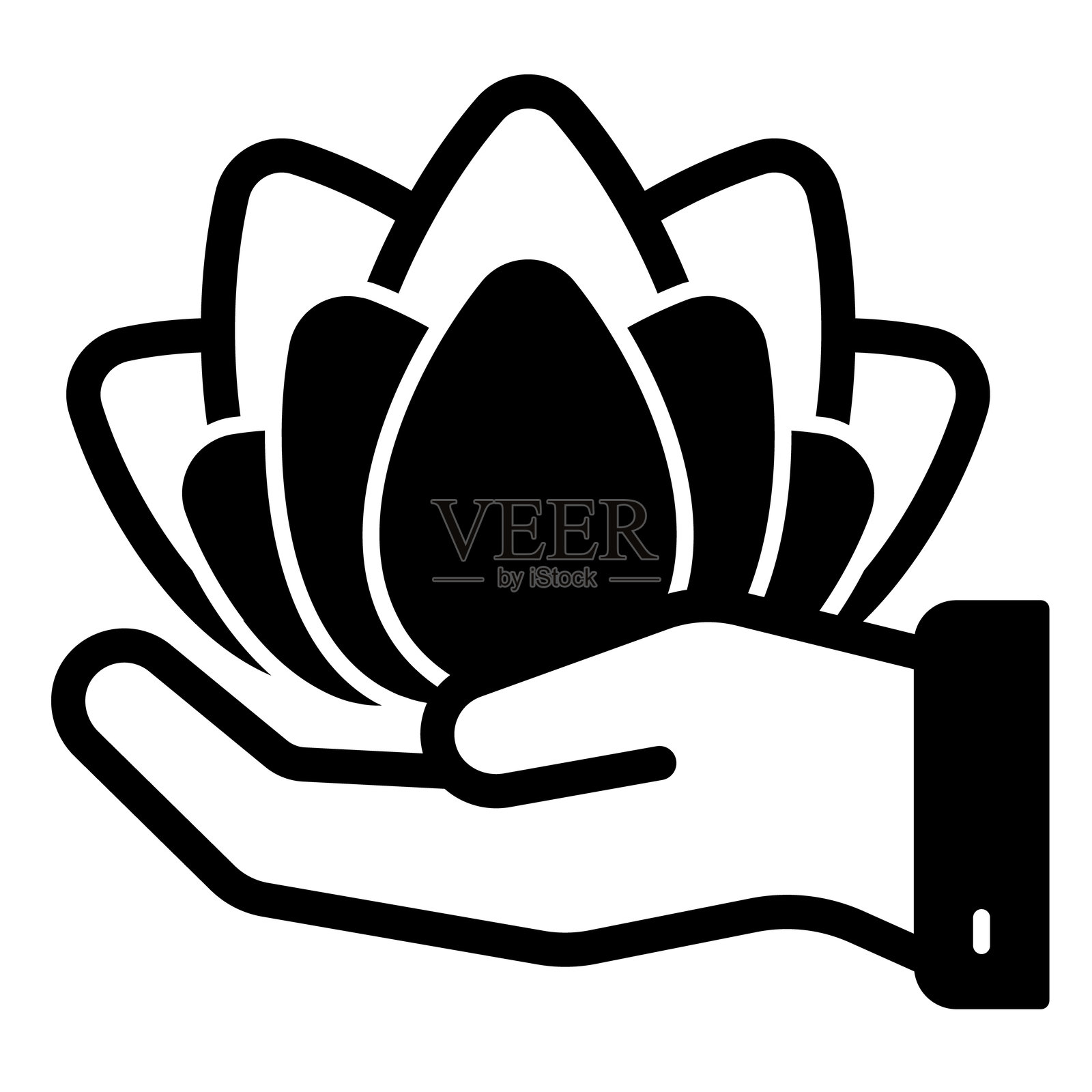 手掌上的莲花实心图标，植物自然概念。矢量图形。白色背景上的手掌与花卉植物标志，适用于移动或设计风格。插画图片素材