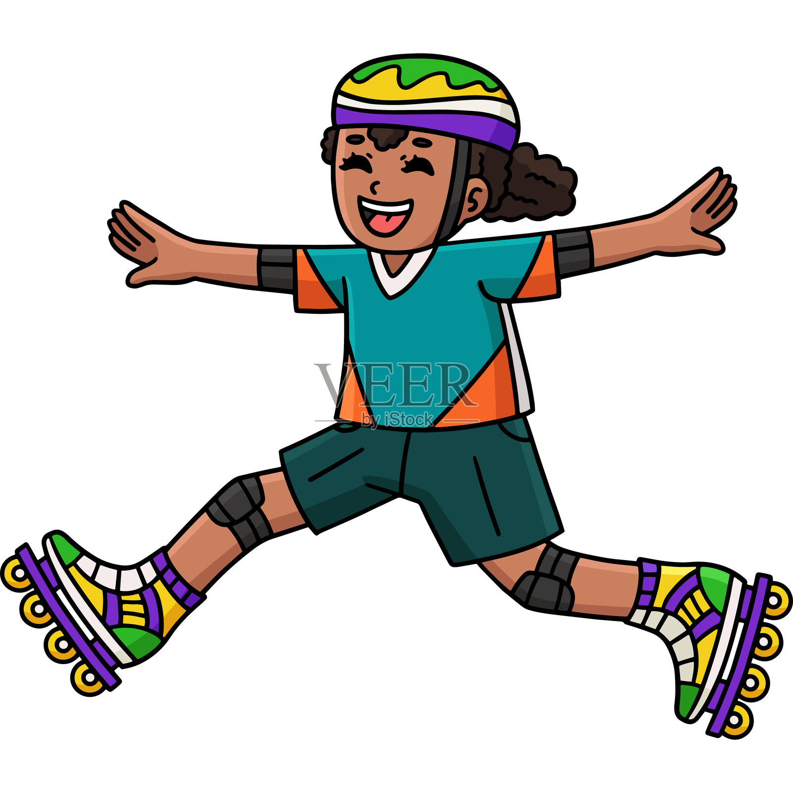 女性滑旱冰者跳跃卡通剪贴画插画图片素材