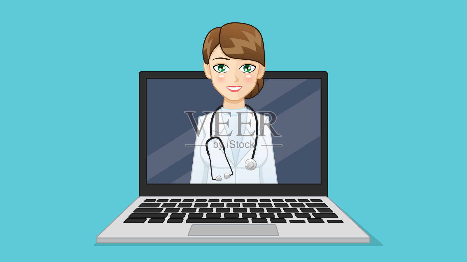笔记本电脑屏幕上有一位棕色头发的女医生，穿着实验室外套，佩戴听诊器。她面带微笑，正在进行在线咨询。扁平设计插图。插画图片素材