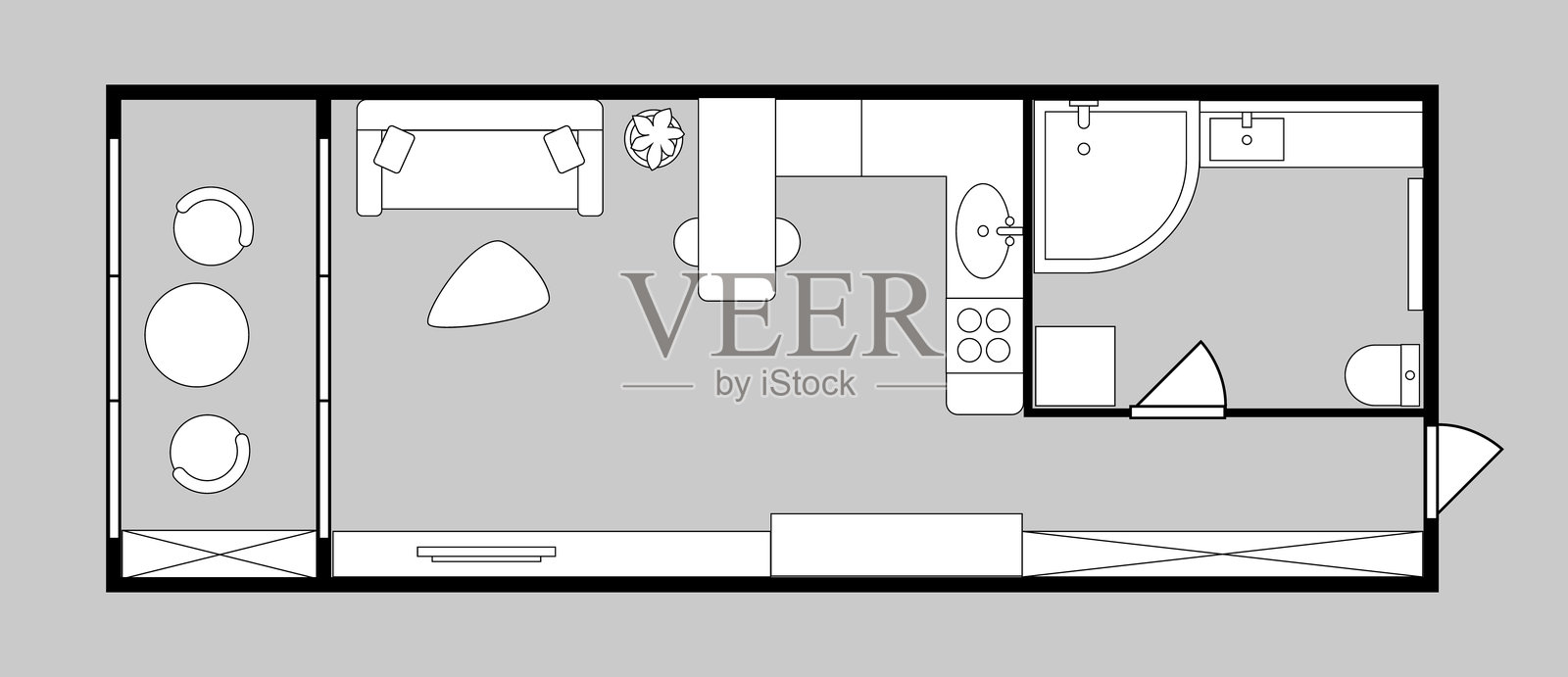 宽敞的带阳台的单间公寓插画图片素材