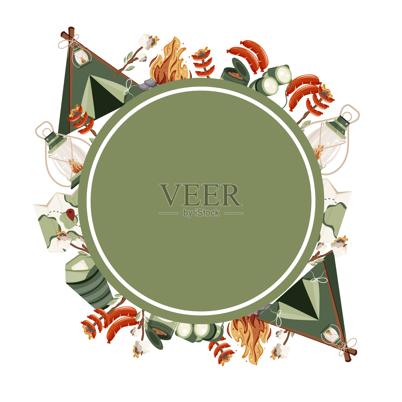 圆形绿色框架的露营设置插画图片素材