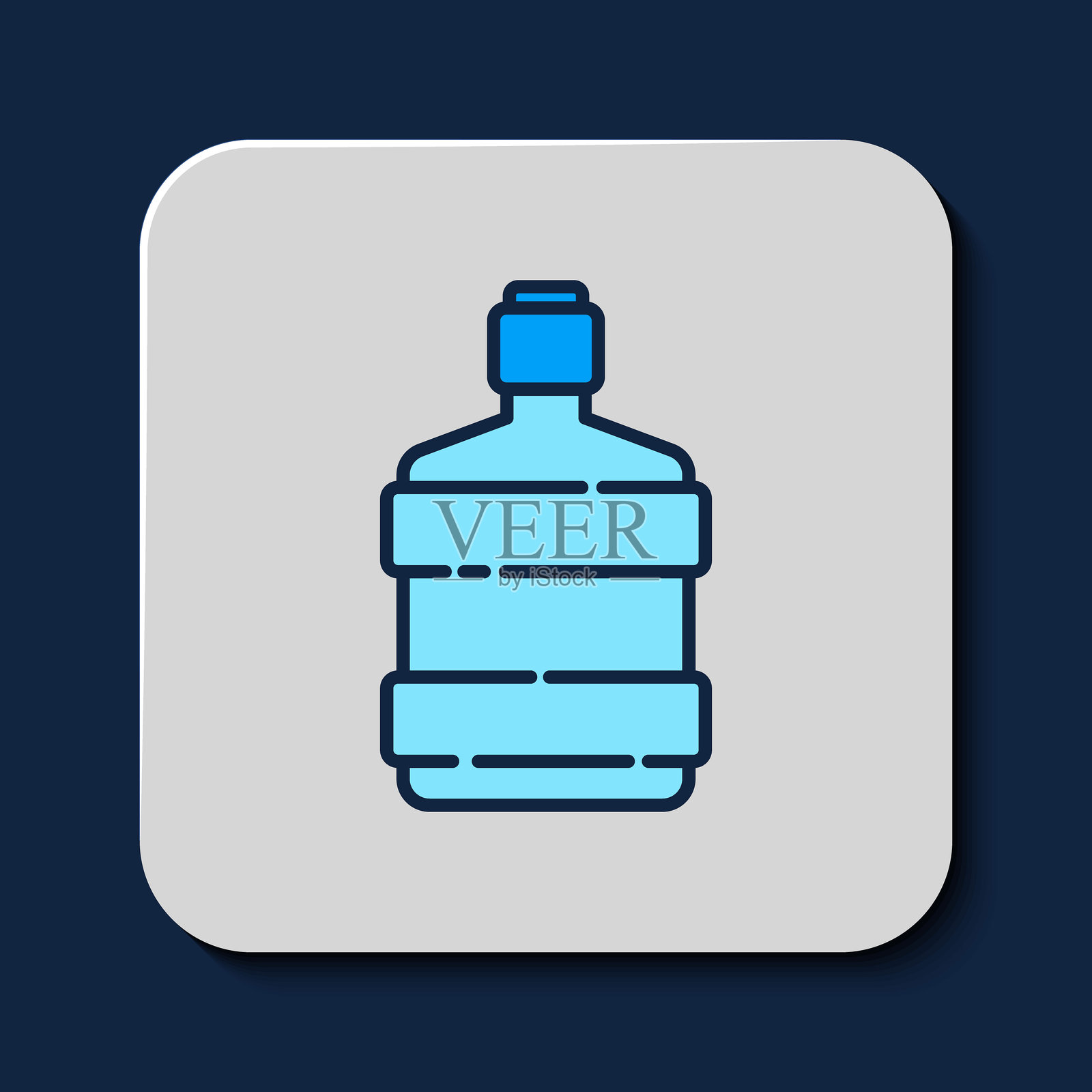 填充轮廓的大瓶子，里面装有清水，图标在蓝色背景上。用于冷却器的塑料容器。矢量图。插画图片素材