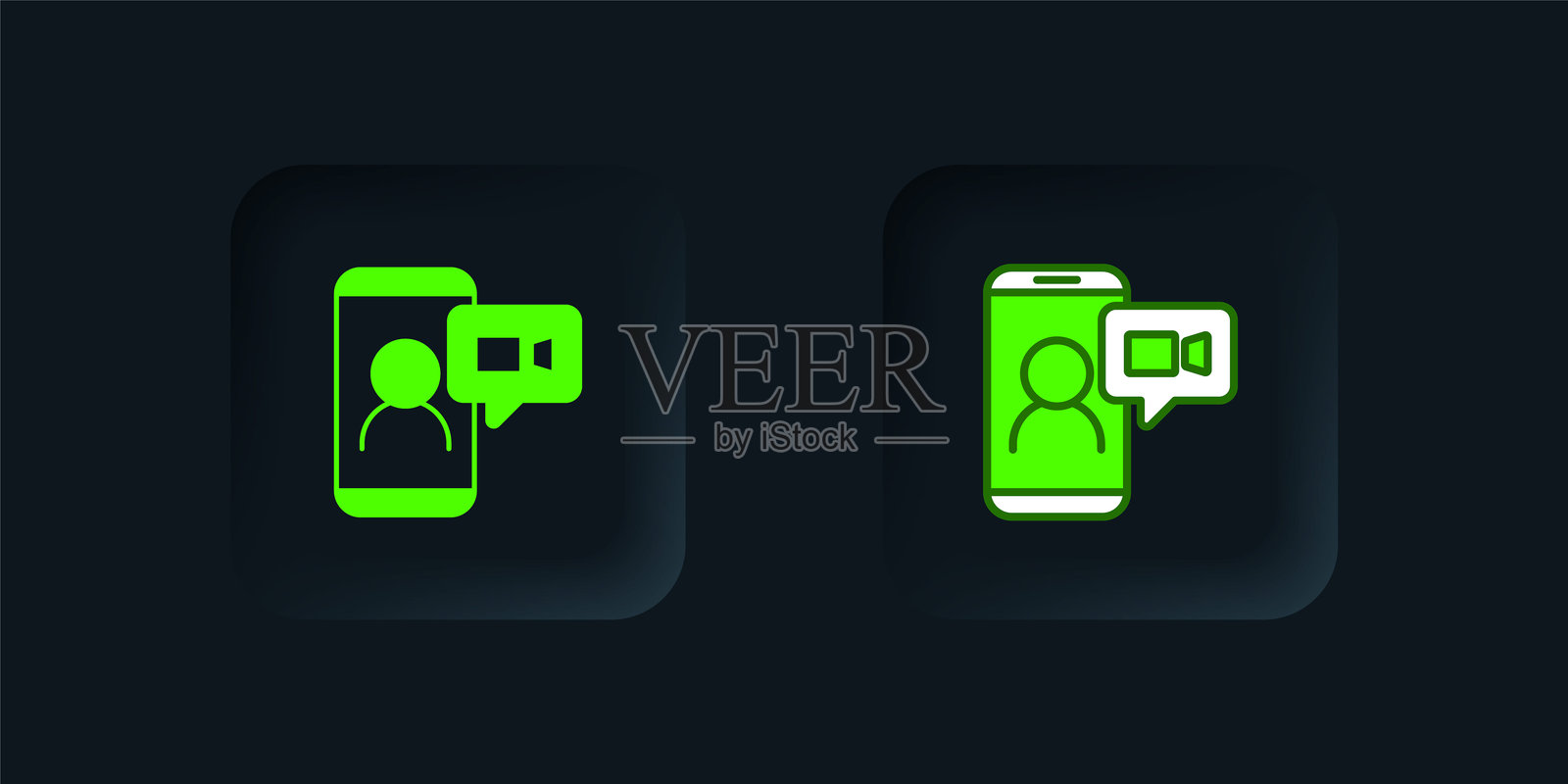 绿色视频聊天会议图标，背景为黑色。在线会议，居家办公。远程项目管理。黑色方形按钮。矢量图。插画图片素材