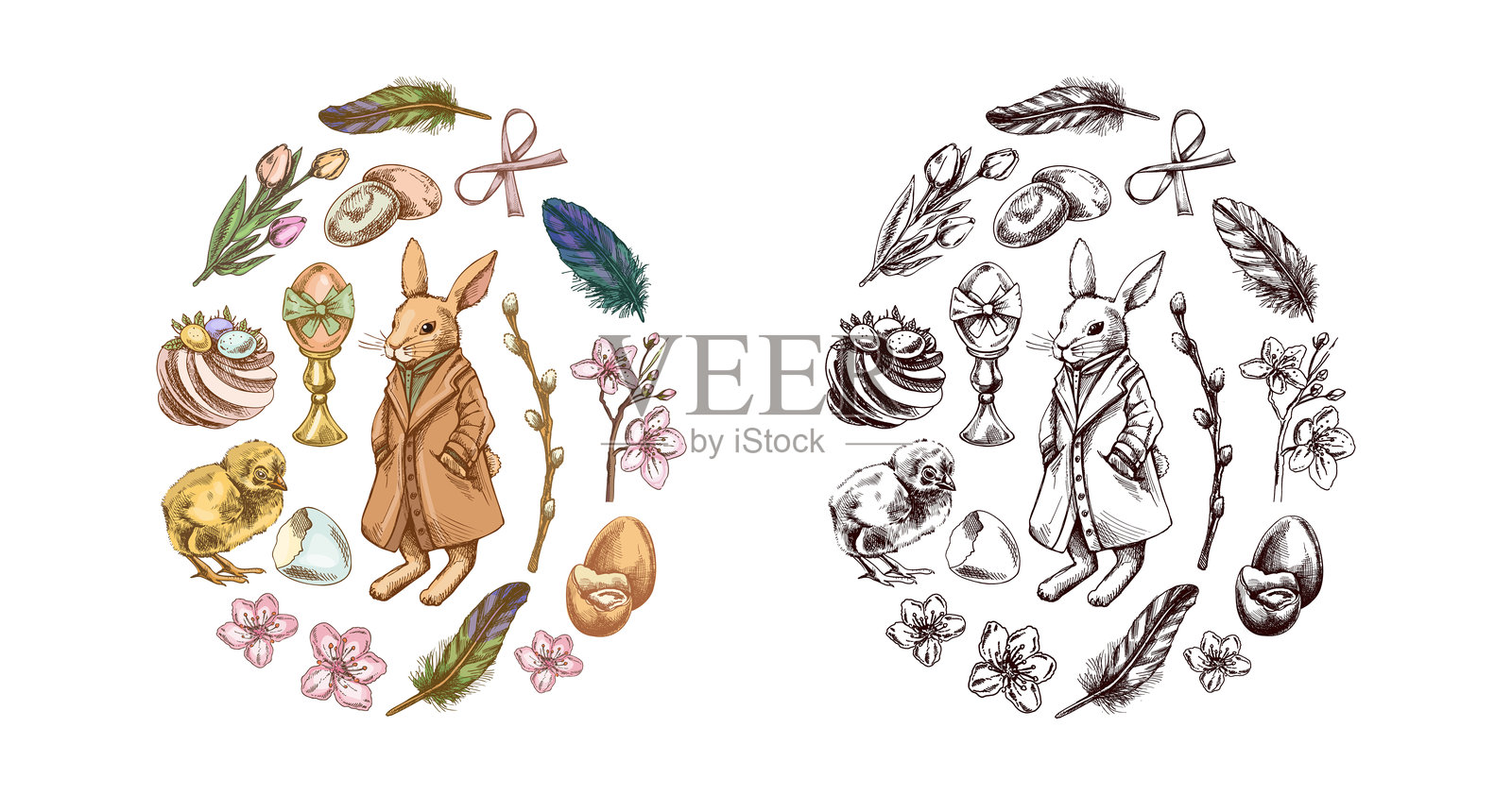 彩色和黑色的复活节彩蛋形状，包含兔子、小鸡、蝴蝶结、柳树、羽毛、鸡蛋、花朵和节日元素，采用素描风格。插画图片素材