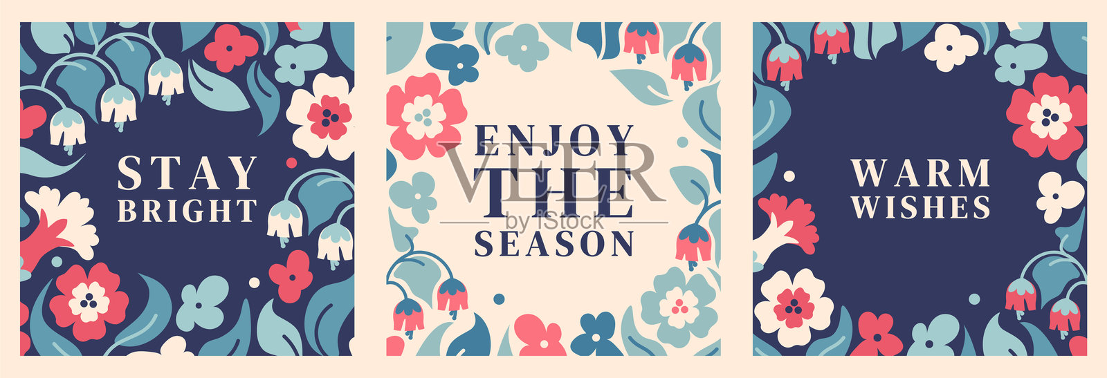 手绘花卉和鲜艳色彩的风格化复古花边。方形框架设计，留有空白空间。适用于文具、贺卡或春季灵感布局的模板。插画图片素材