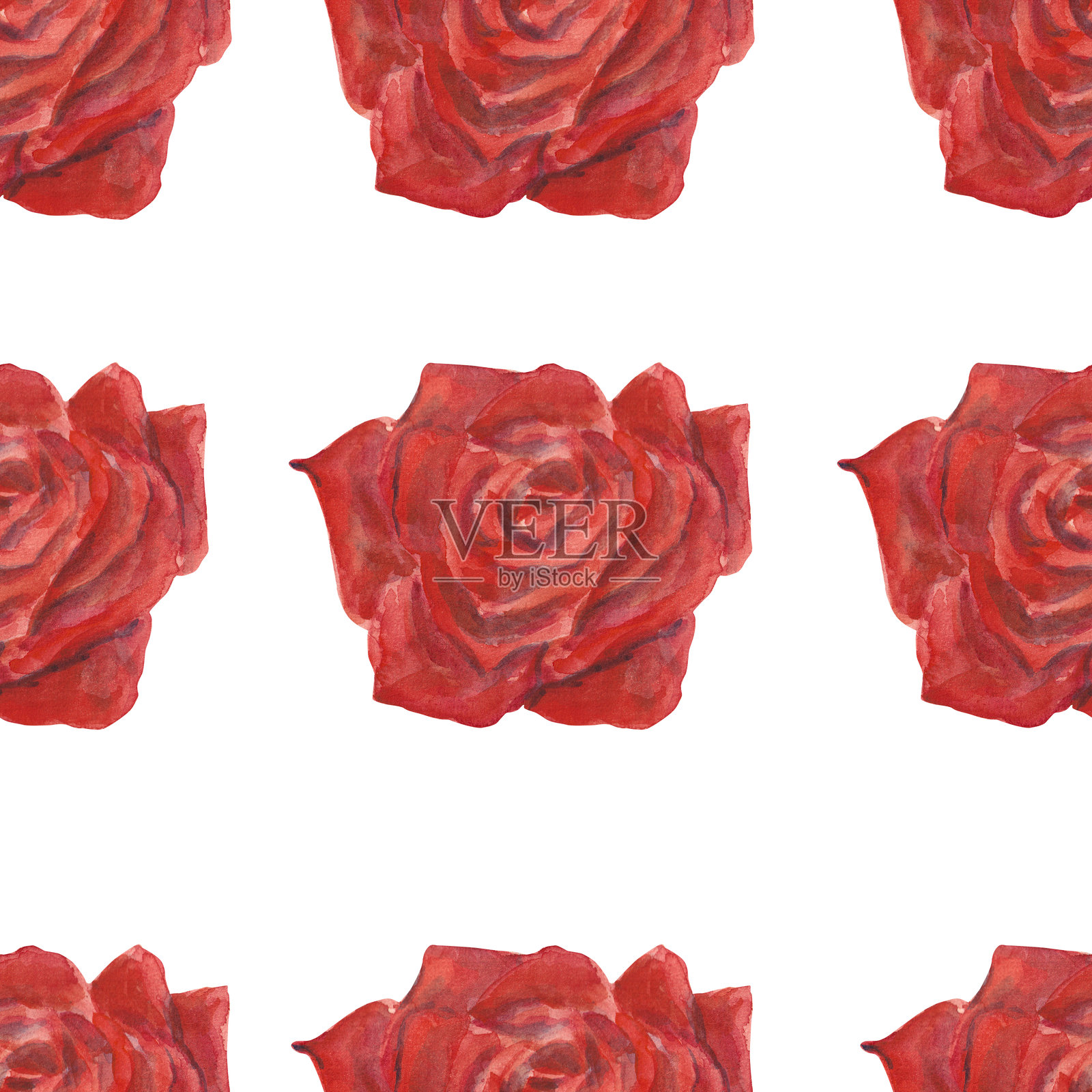 无缝水彩图案，手绘红玫瑰，独立于白色背景。春季花卉手绘背景。适用于壁纸或面料的花卉图案。复古玫瑰花。插画图片素材