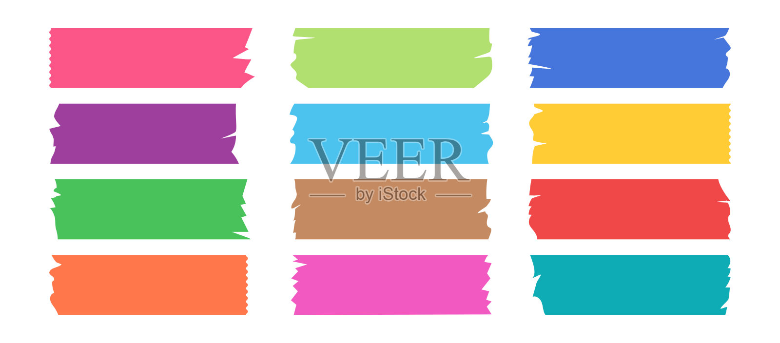 胶带粘合剂，苏格兰胶带纸，可爱的撕裂贴纸，撕条，涂鸦彩色纸片剪贴簿，装饰胶带，白色背景上孤立。切割路径粘贴，胶水丝带拼贴。矢量插图插画图片素材