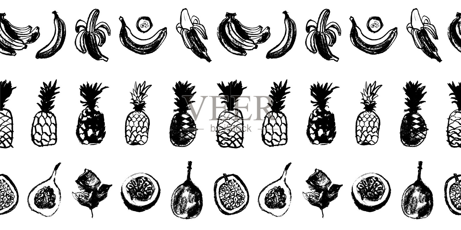 黑白无缝矢量图案，手绘热带水果——百香果、香蕉和菠萝。插画图片素材