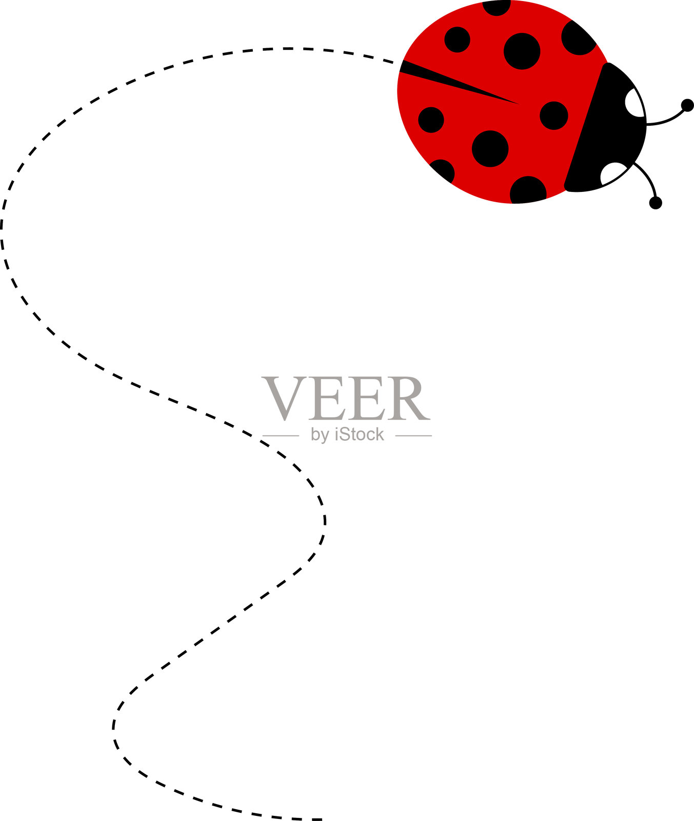 可爱的瓢虫图标。瓢虫角色集合。可爱的瓢虫与虚线轨迹。瓢虫在虚线路线飞行。昆虫群体。矢量插图，背景为白色。插画图片素材