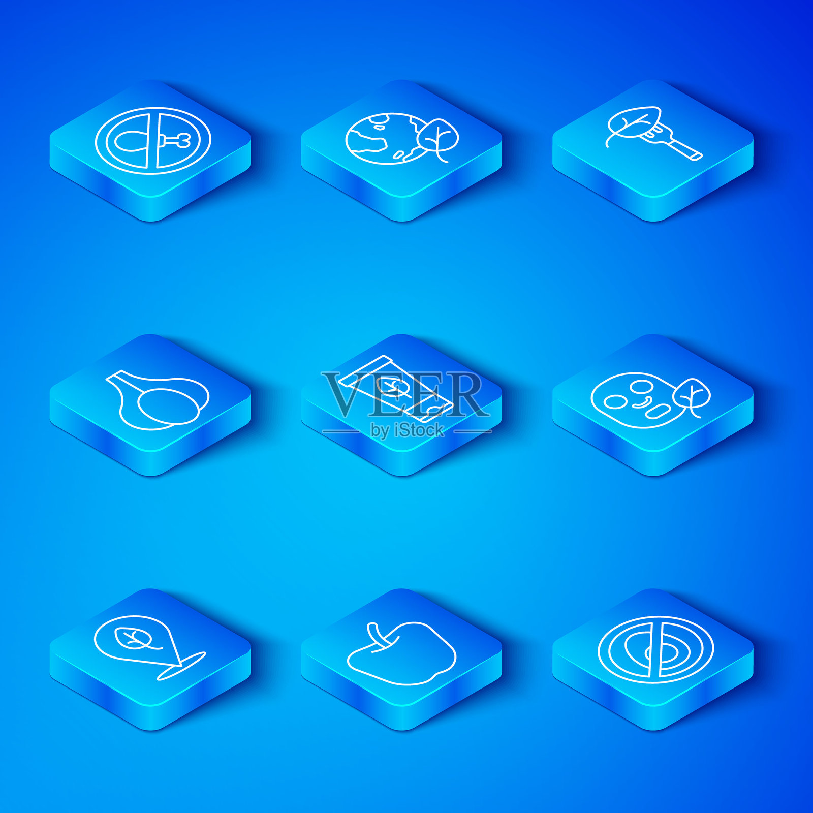 素食饮食、天然化妆品、苹果、面膜、大蒜、不吃肉和图标。矢量图。插画图片素材