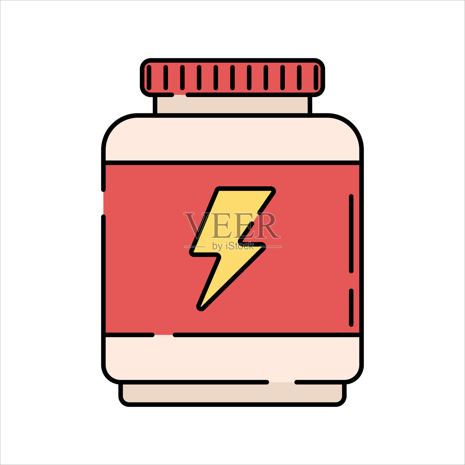 红色的平面设计风格蛋白质罐，带有能量图标，象征健身补剂，适合健身海报和健康推广。插画图片素材