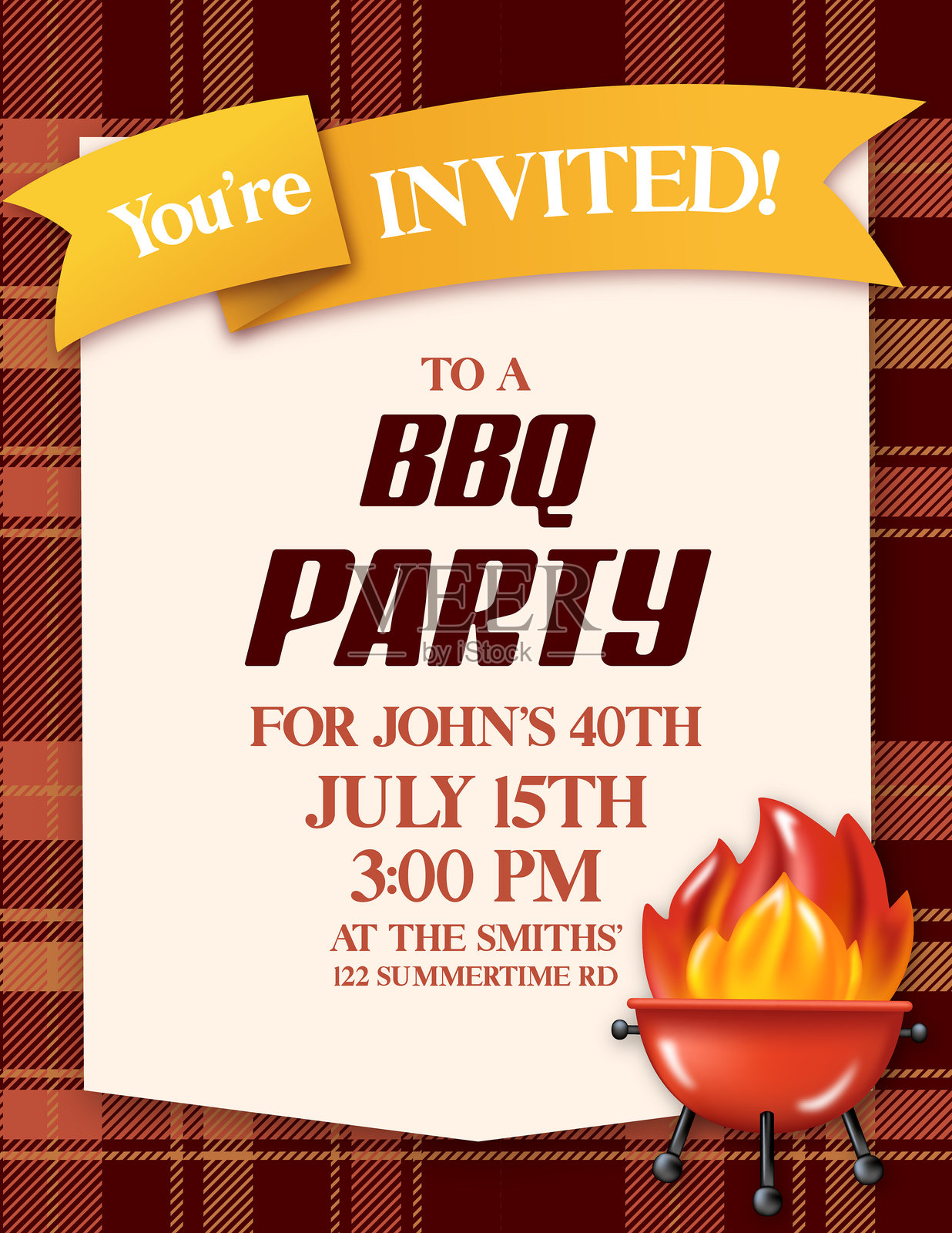 秋季色彩的3D烧烤图案与格子底纹的烧烤邀请模板插画图片素材