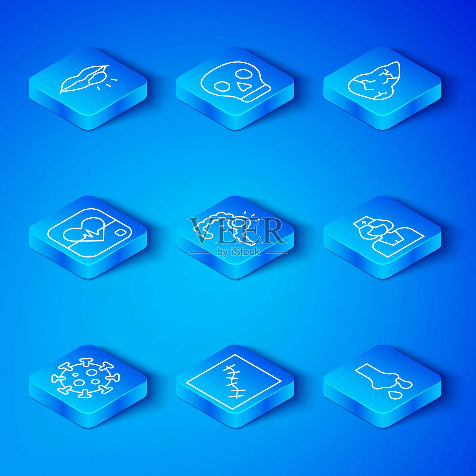 病毒图标、肠道便秘、缝合伤疤、护士、肝炎病毒、心率、唇疱疹和流鼻涕图标。矢量图。插画图片素材