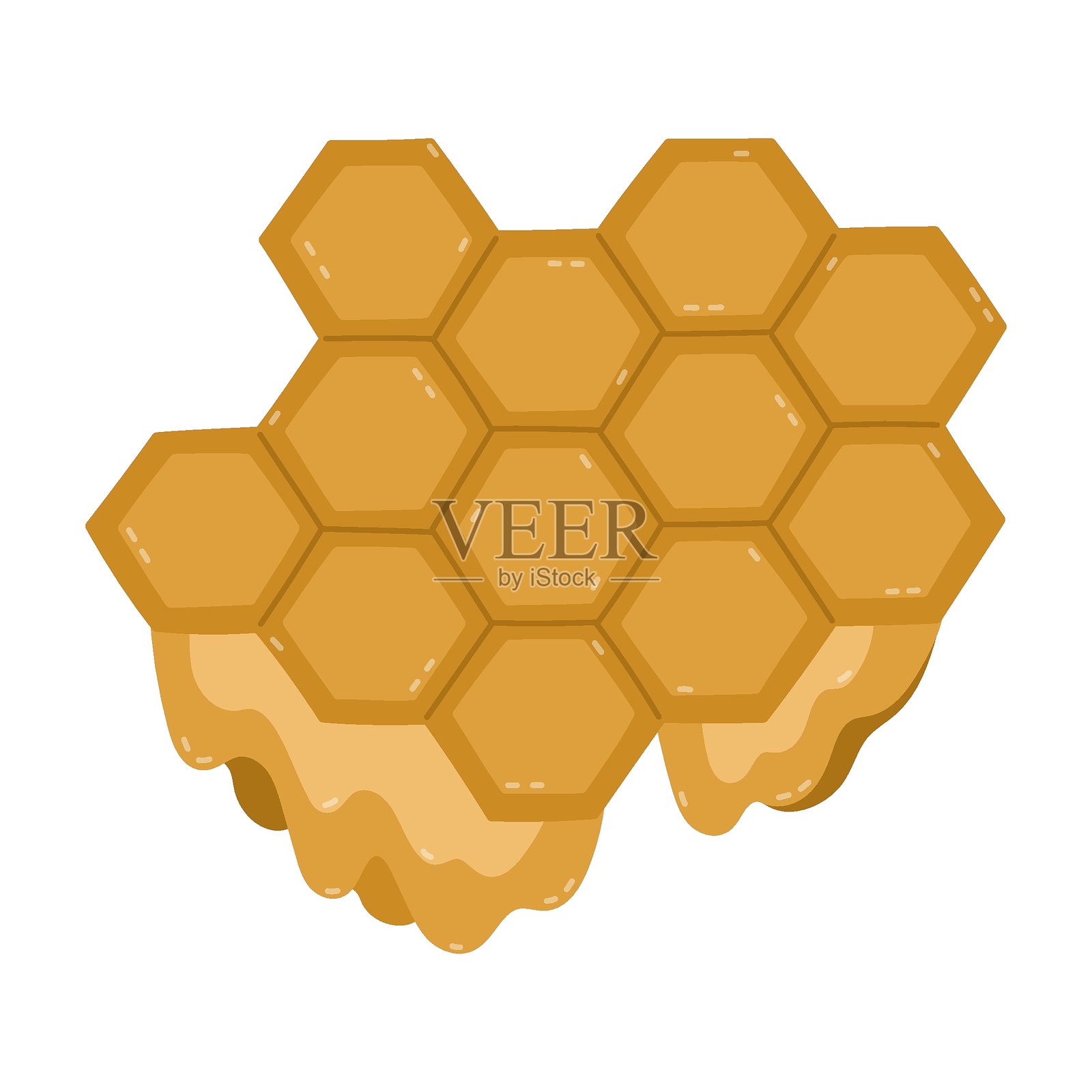 可爱的卡通蜂窝，蜜糖滴落。儿童手绘的六边形网格单元，独立于白色背景。平面矢量色彩丰富的养蜂、蜜蜂、甜美健康食品概念。插画图片素材